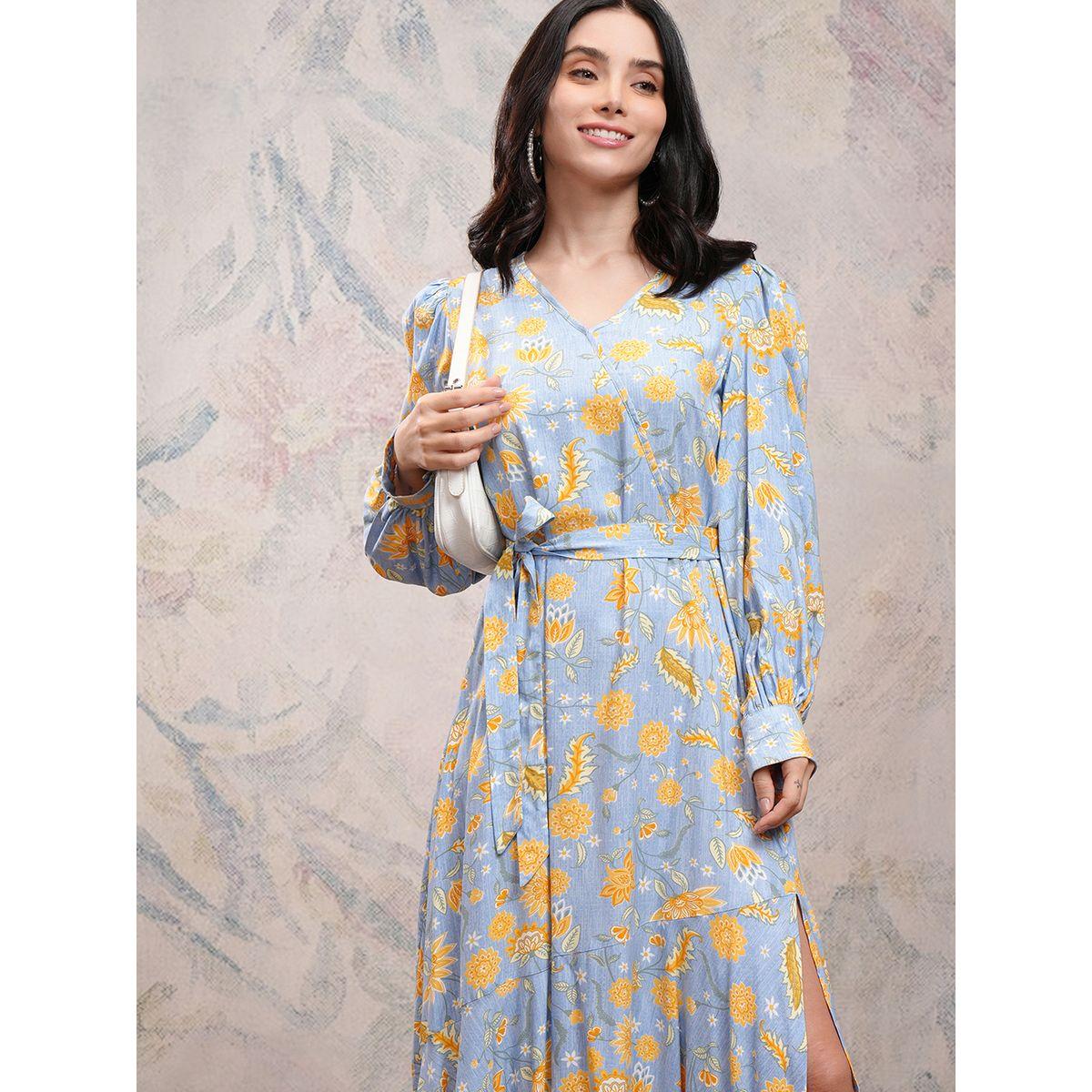 فستان طويل بطبعة زهور ونمط لف مع شق جانبي فيشود × ستايلي-women-clothing-dresses-image-1