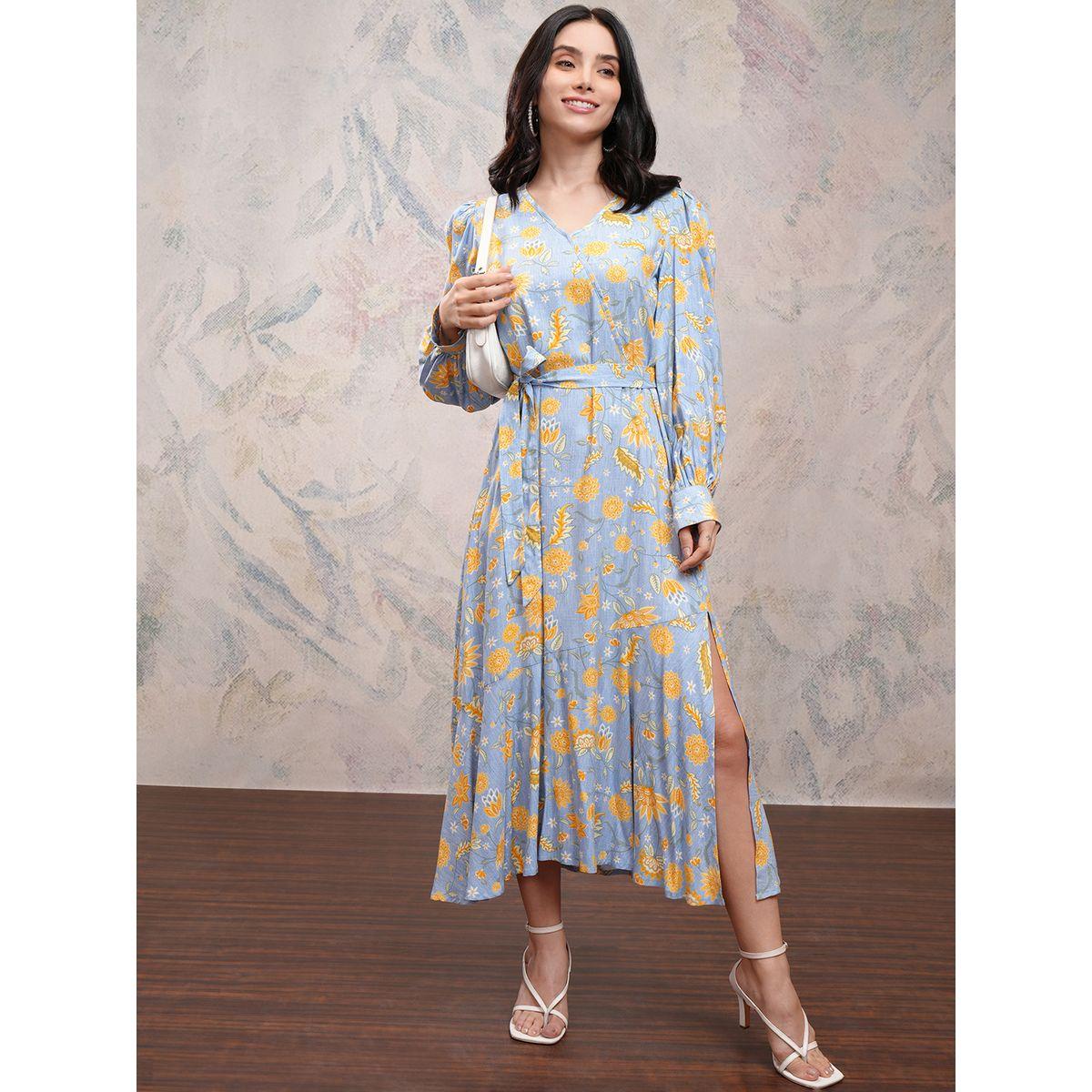 فستان طويل بطبعة زهور ونمط لف مع شق جانبي فيشود × ستايلي-women-clothing-dresses-image-2