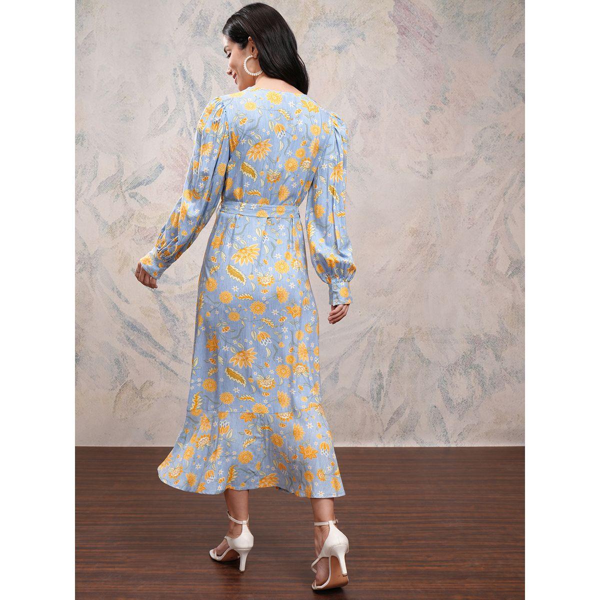 فستان طويل بطبعة زهور ونمط لف مع شق جانبي فيشود × ستايلي-women-clothing-dresses-image-3