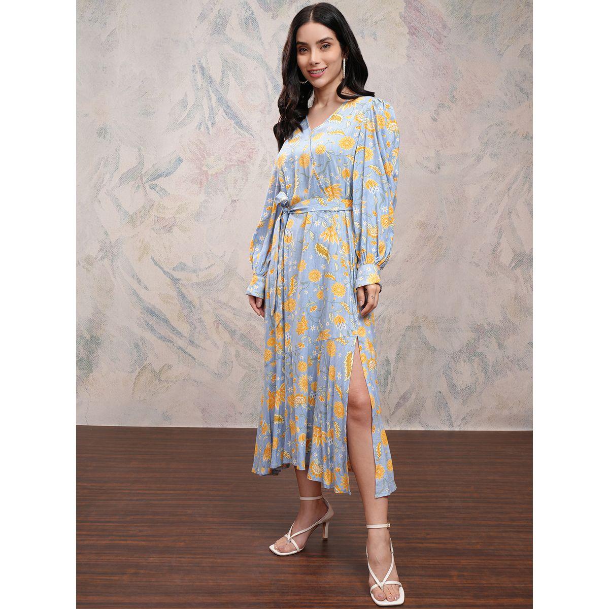 فستان طويل بطبعة زهور ونمط لف مع شق جانبي فيشود × ستايلي-women-clothing-dresses-image-4