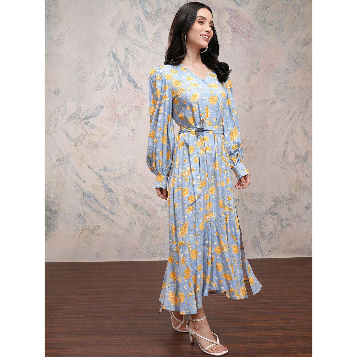 فستان طويل بطبعة زهور ونمط لف مع شق جانبي فيشود × ستايلي-women-clothing-dresses-image-6