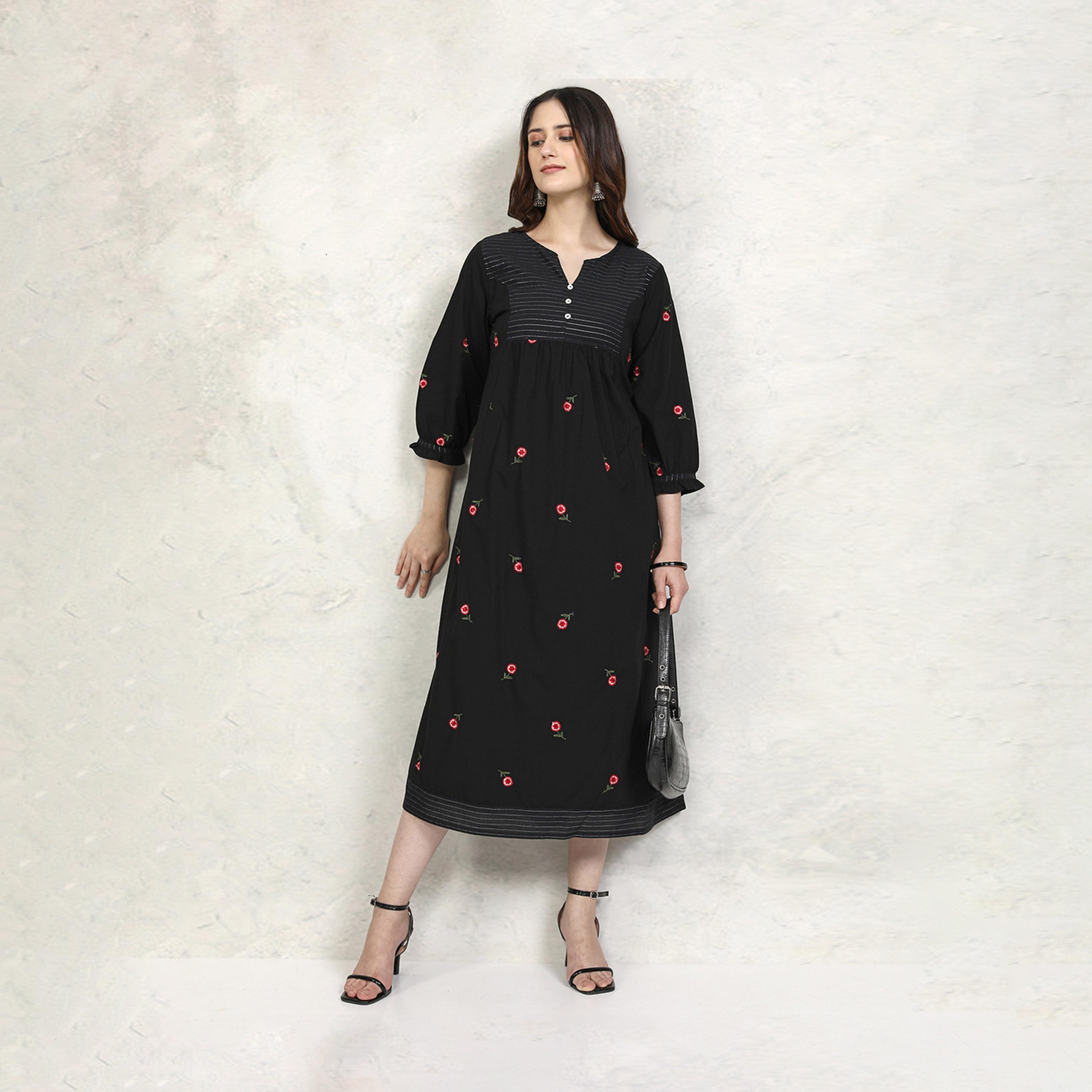 Vishudh X Styli Embroidered A-Line Notch Neck Midi Dress-women-clothing-dresses-image-1