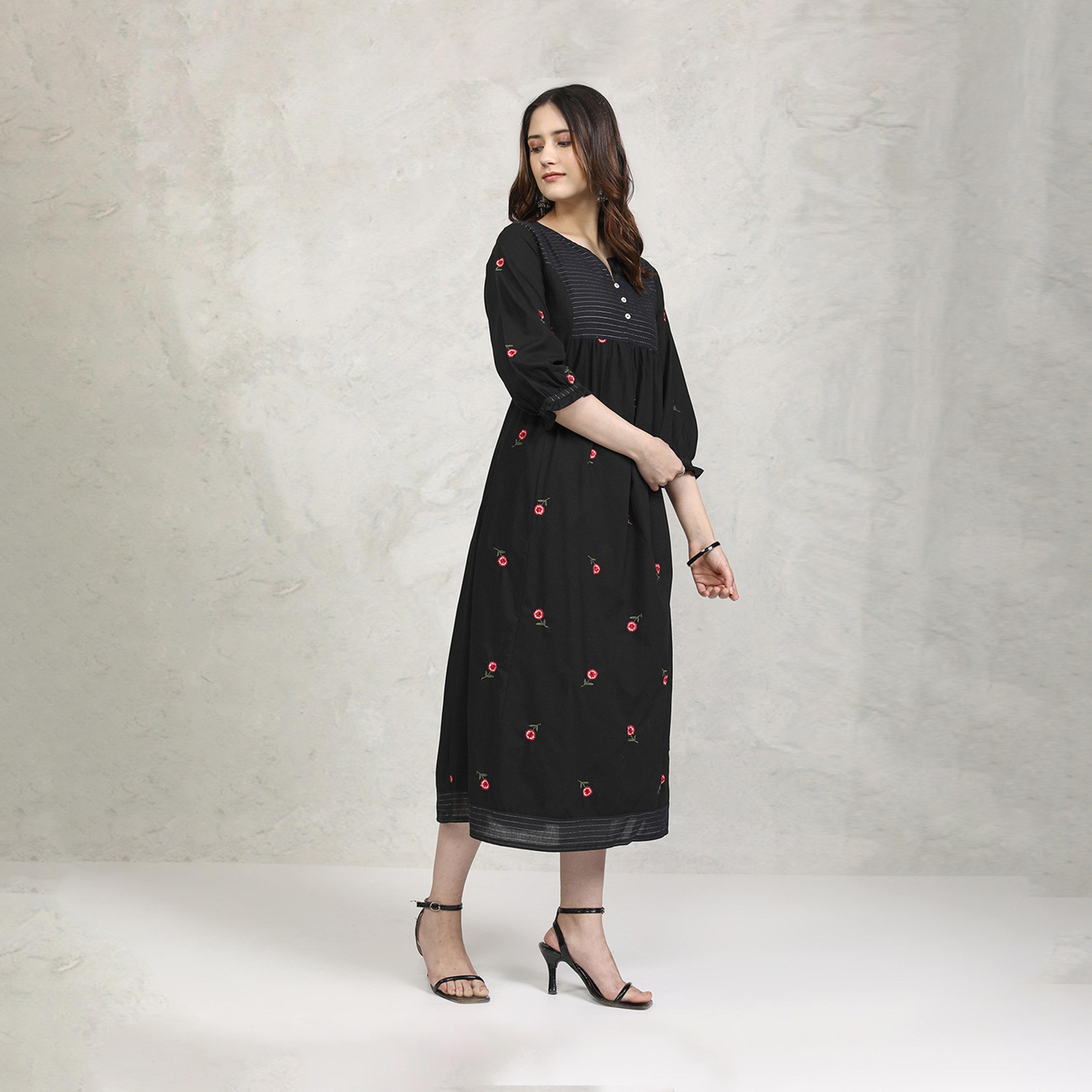 Vishudh X Styli Embroidered A-Line Notch Neck Midi Dress-women-clothing-dresses-image-4