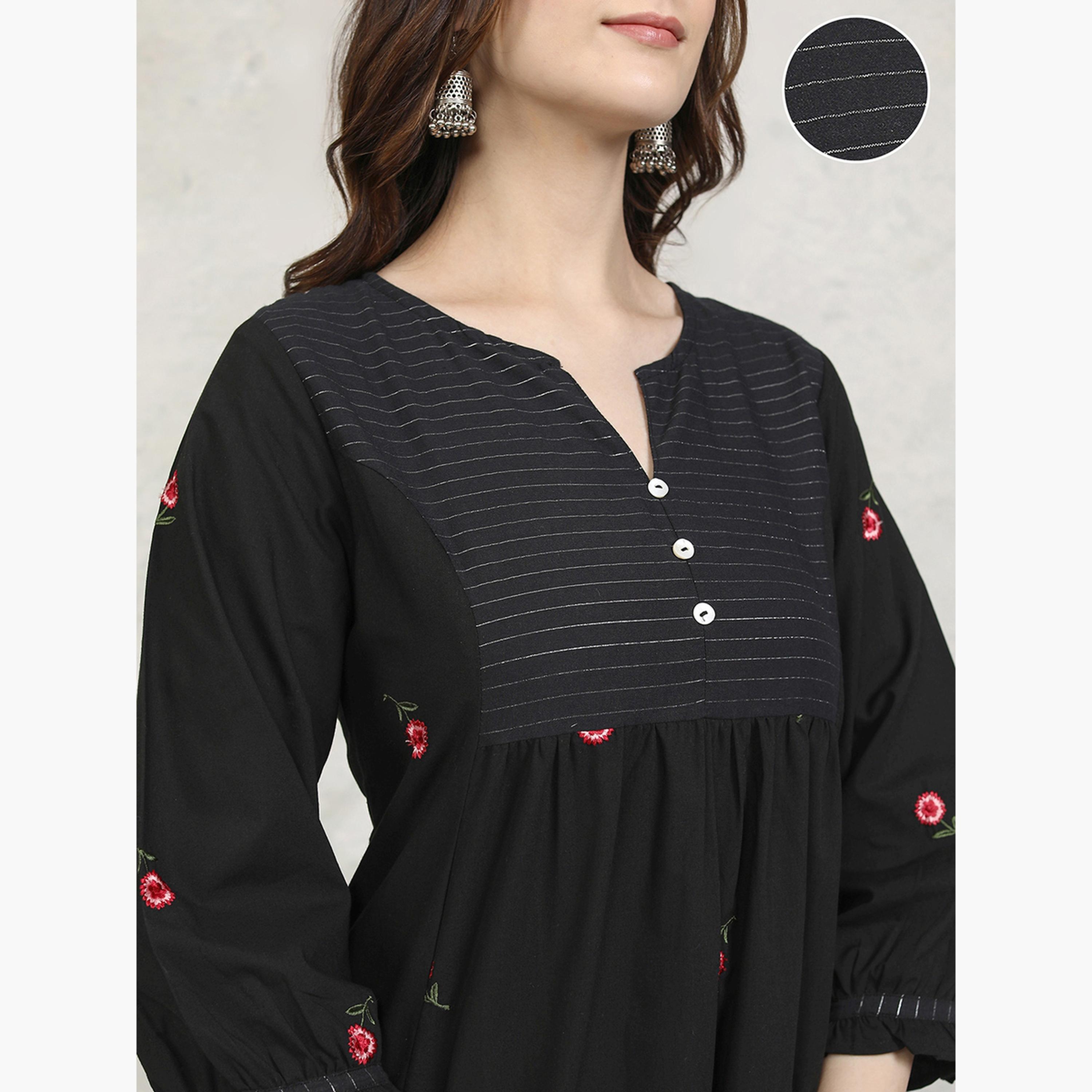 Vishudh X Styli Embroidered A-Line Notch Neck Midi Dress-women-clothing-dresses-image-5