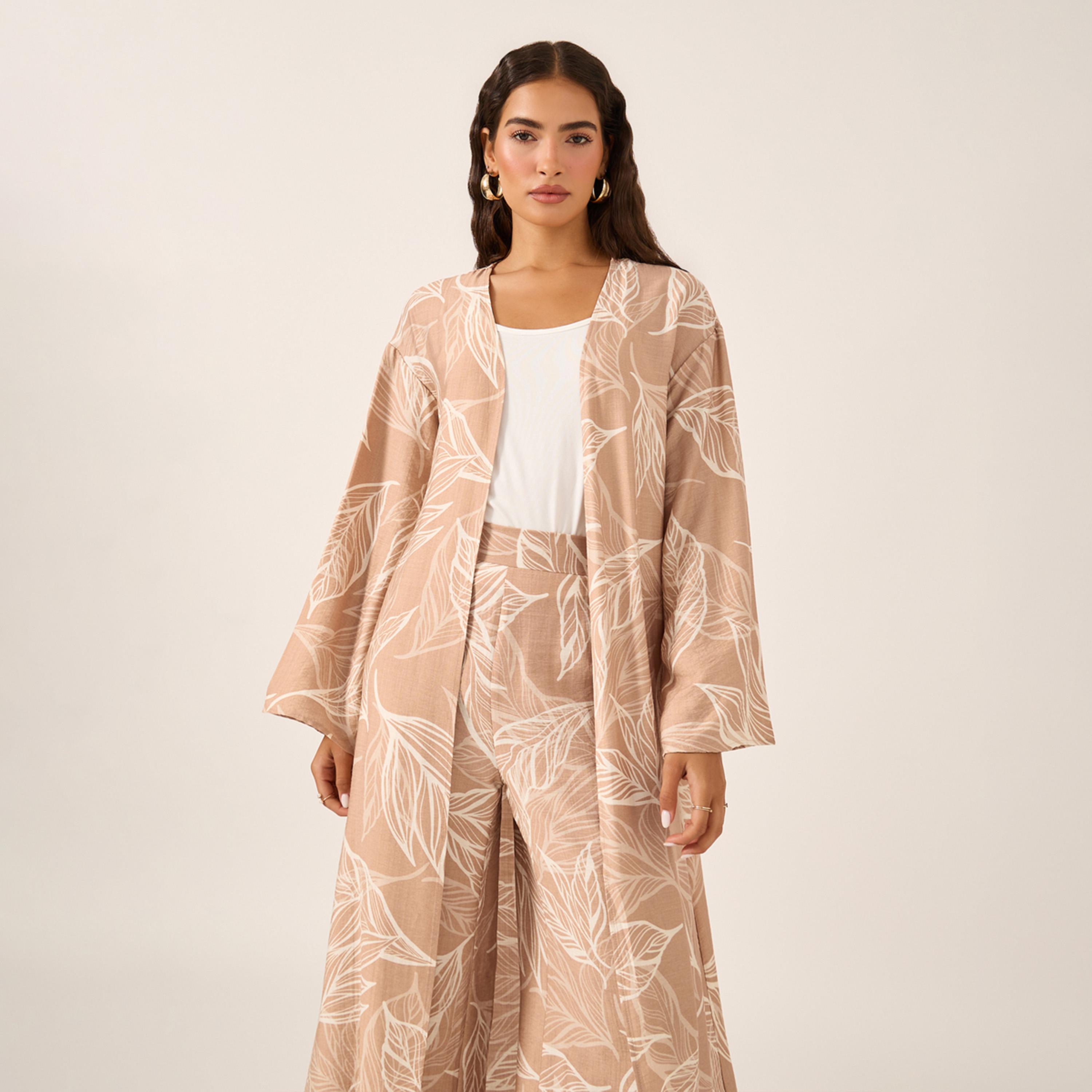 ستايلي - طقم كيمونو بطبعة زهور مع بنطال واسع الساق-women-clothing-coordsets-image-2