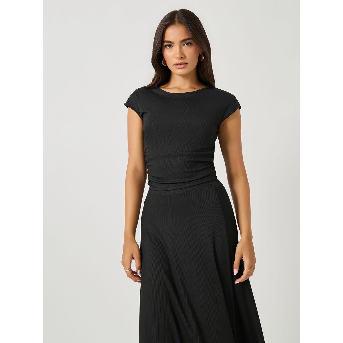 Styli Ribbed Short Sleeve Fitted Top and A-Line Skirt Co-Ords-women-clothing-coordsets-image-2