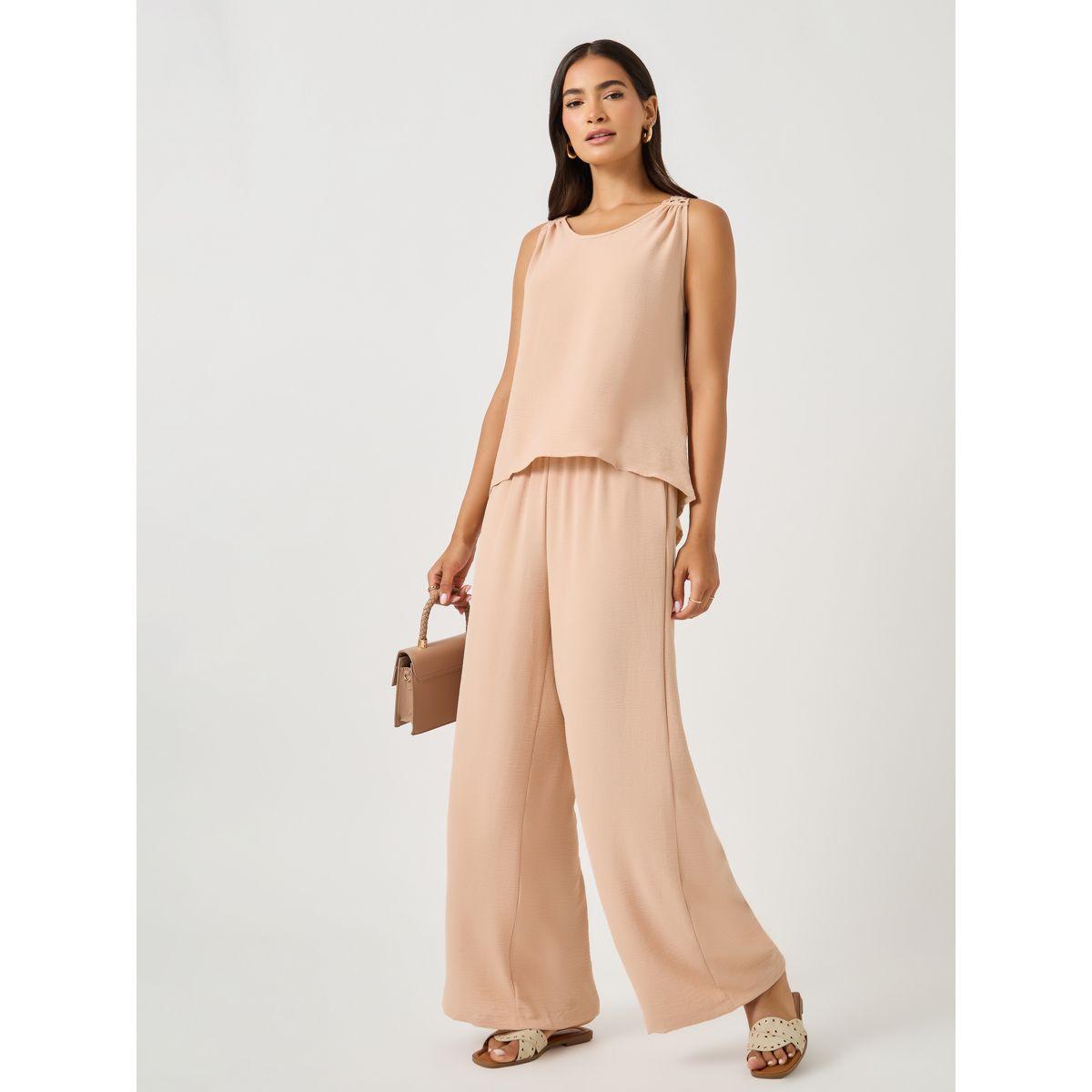 طقم منسق من بنطال وبلوزة سادة بلا أكمام-women-clothing-coordsets-image-2