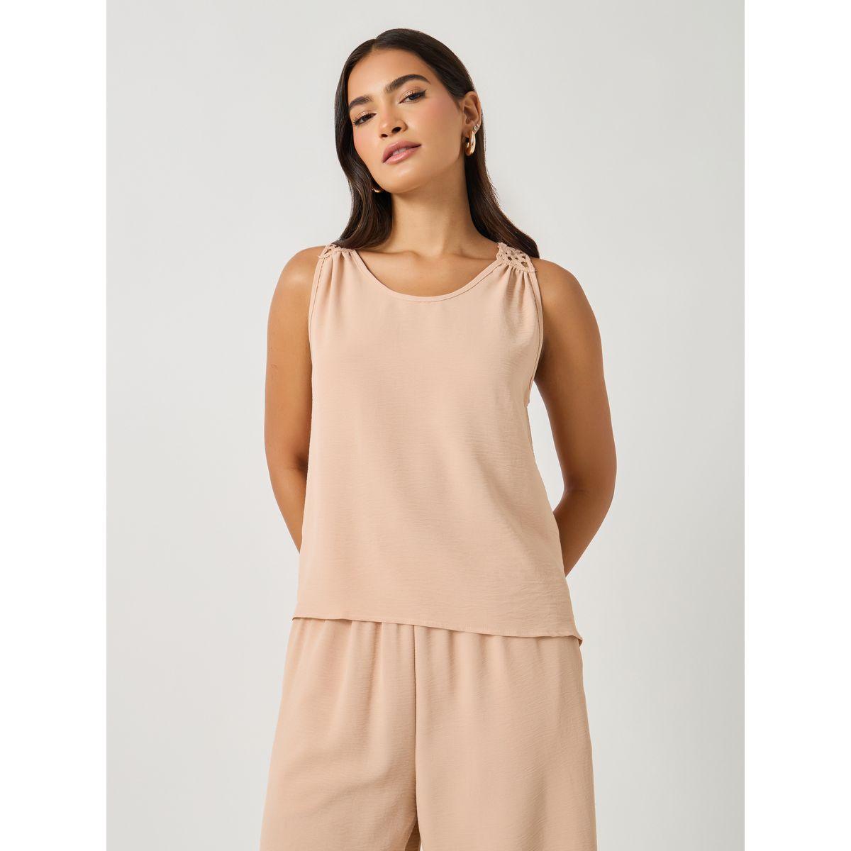 طقم منسق من بنطال وبلوزة سادة بلا أكمام-women-clothing-coordsets-image-3