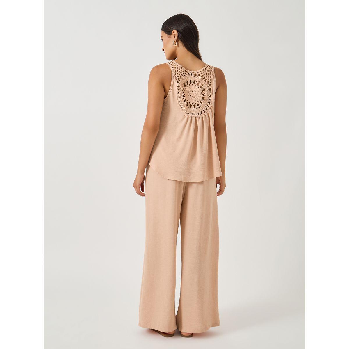 طقم منسق من بنطال وبلوزة سادة بلا أكمام-women-clothing-coordsets-image-5