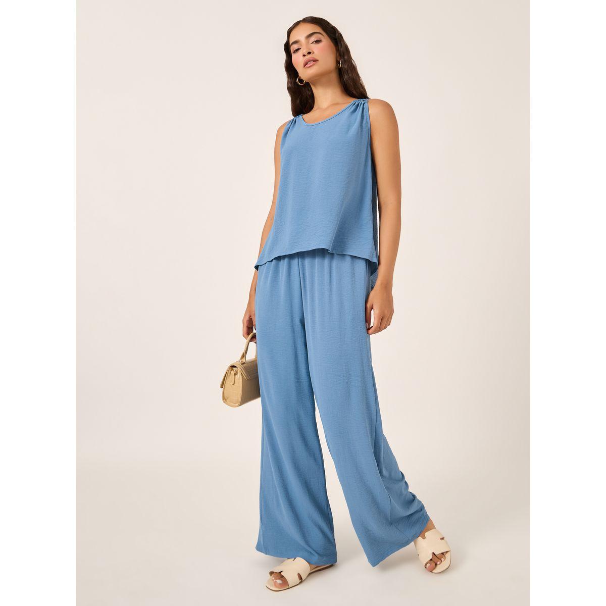Styli Solid Lace Insert Sleeveless Top and Wide Leg Pants Co-Ords-women-clothing-coordsets-image-1