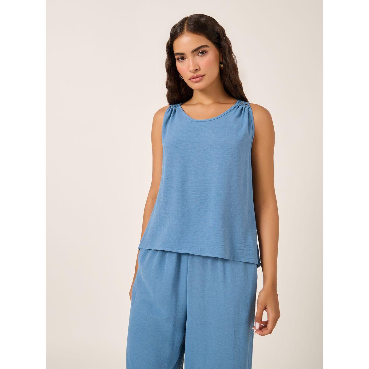 طقم منسق من بنطال وبلوزة سادة بلا أكمام-women-clothing-coordsets-image-2