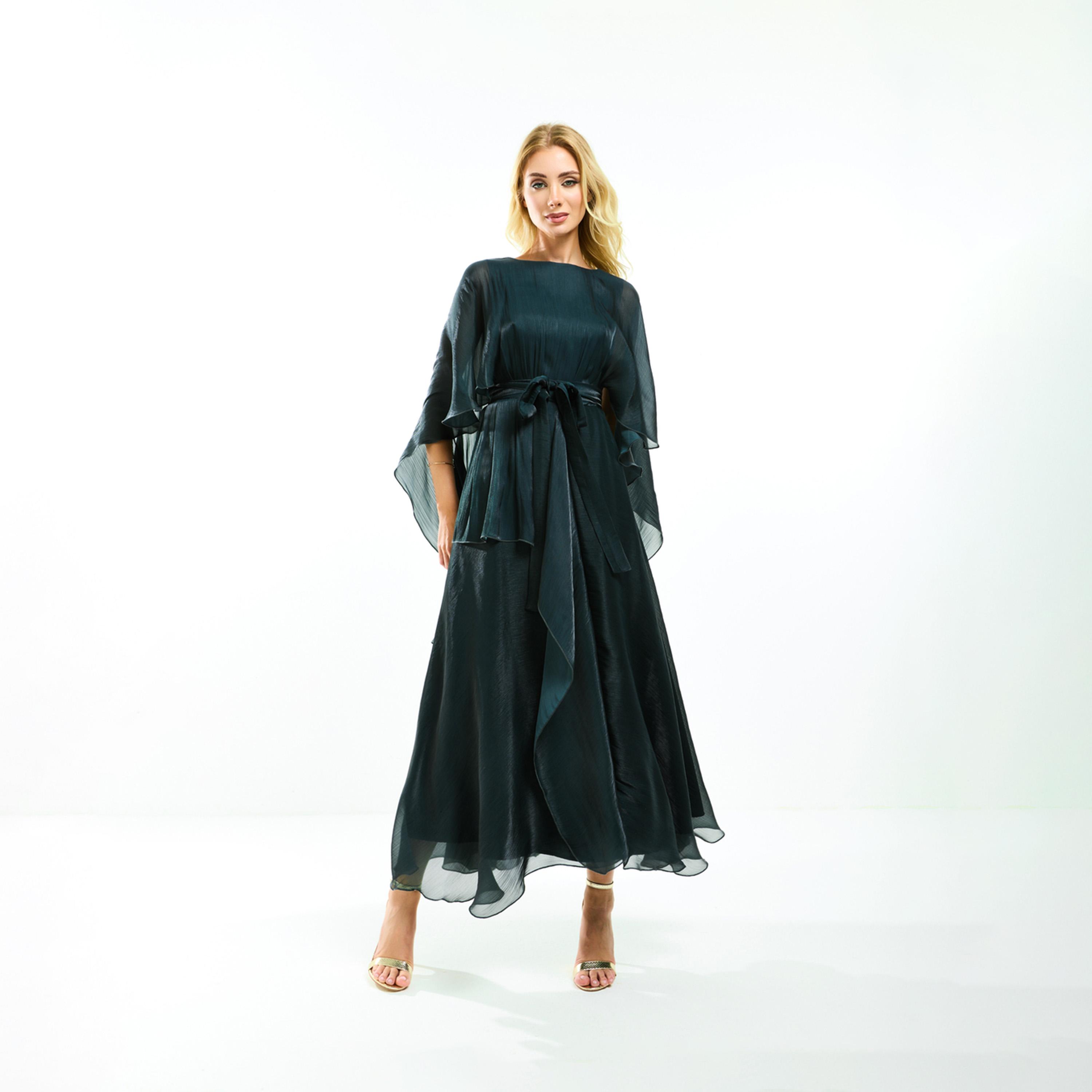 House of Moda X Styli Organza Cape Sleeve Midi Dress with Waist Tie-Up Detail-women-clothing-dresses-image-1