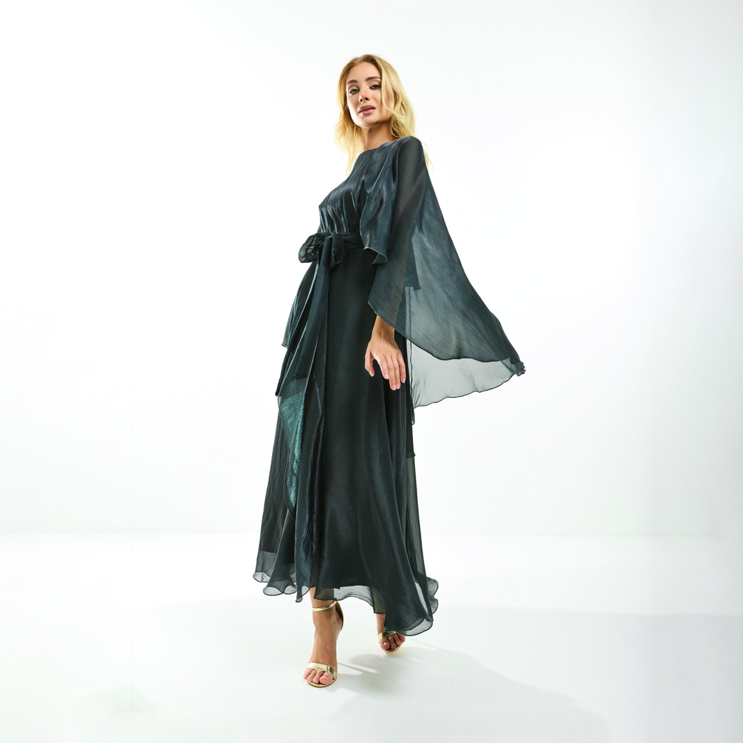 House of Moda X Styli Organza Cape Sleeve Midi Dress with Waist Tie-Up Detail-women-clothing-dresses-image-4