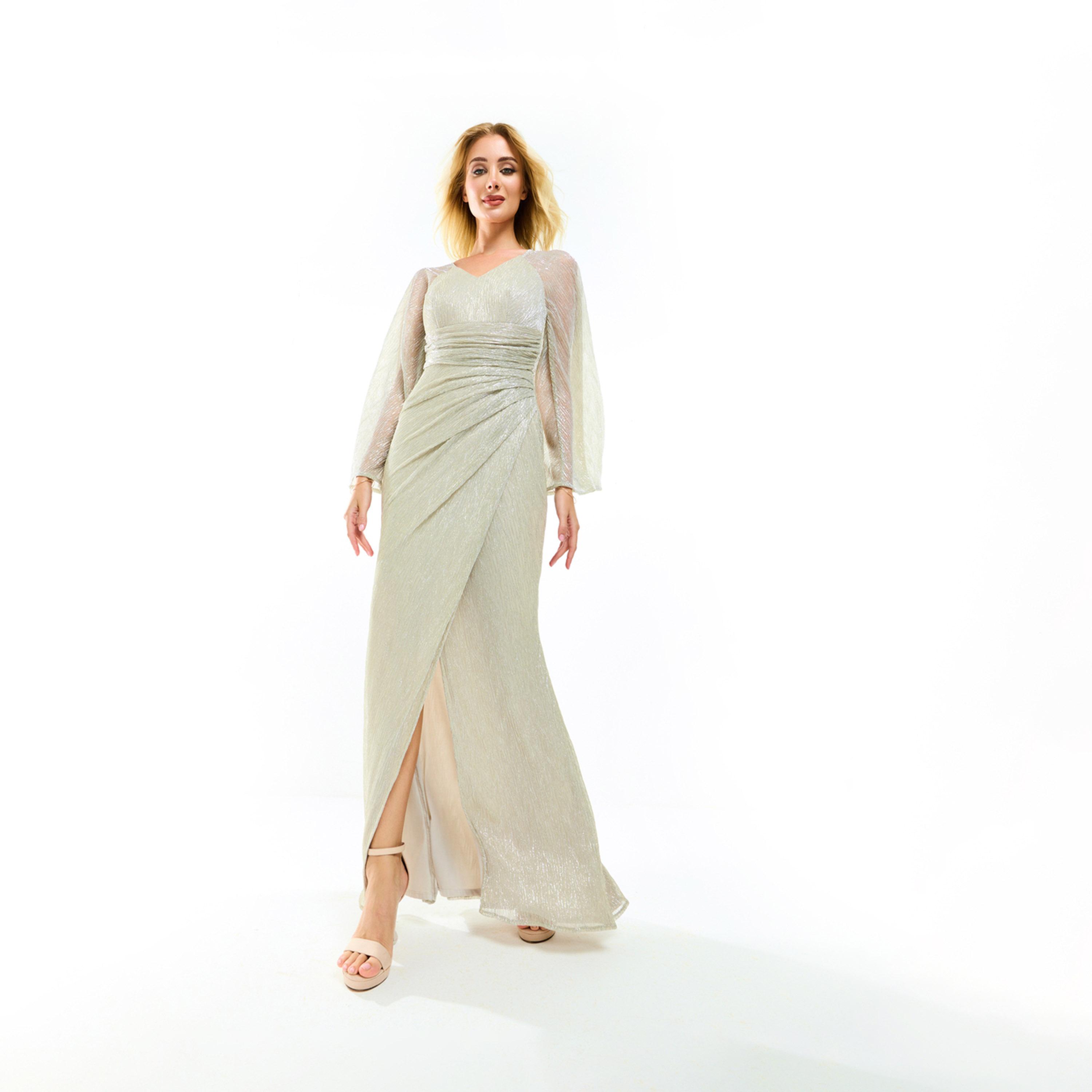 هاوس أوف مودا ستايلي - فستان ماكسي بتصميم ملفوف وحاشية غير متماثلة وأكمام منفوخة-women-clothing-dresses-image-1