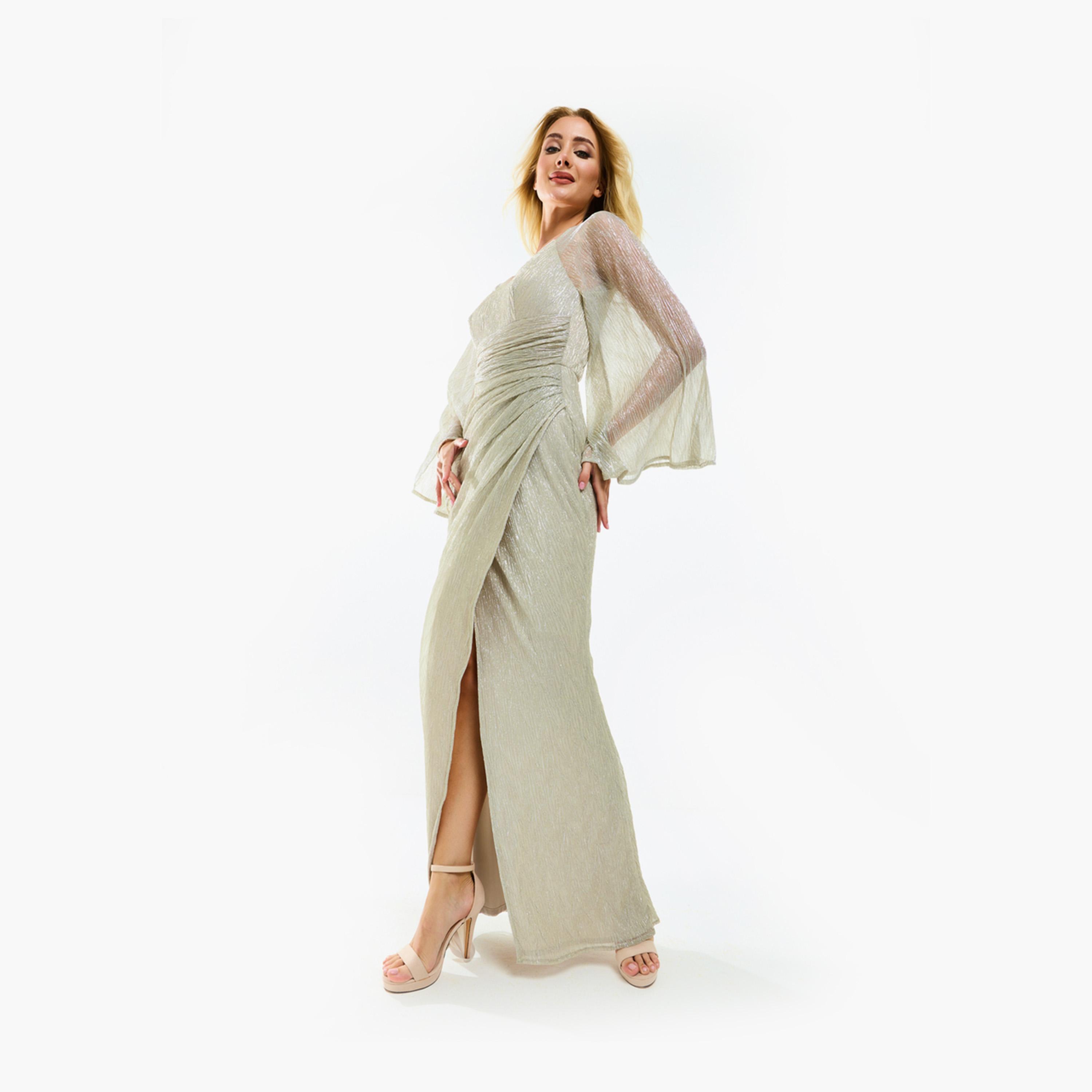 هاوس أوف مودا ستايلي - فستان ماكسي بتصميم ملفوف وحاشية غير متماثلة وأكمام منفوخة-women-clothing-dresses-image-4