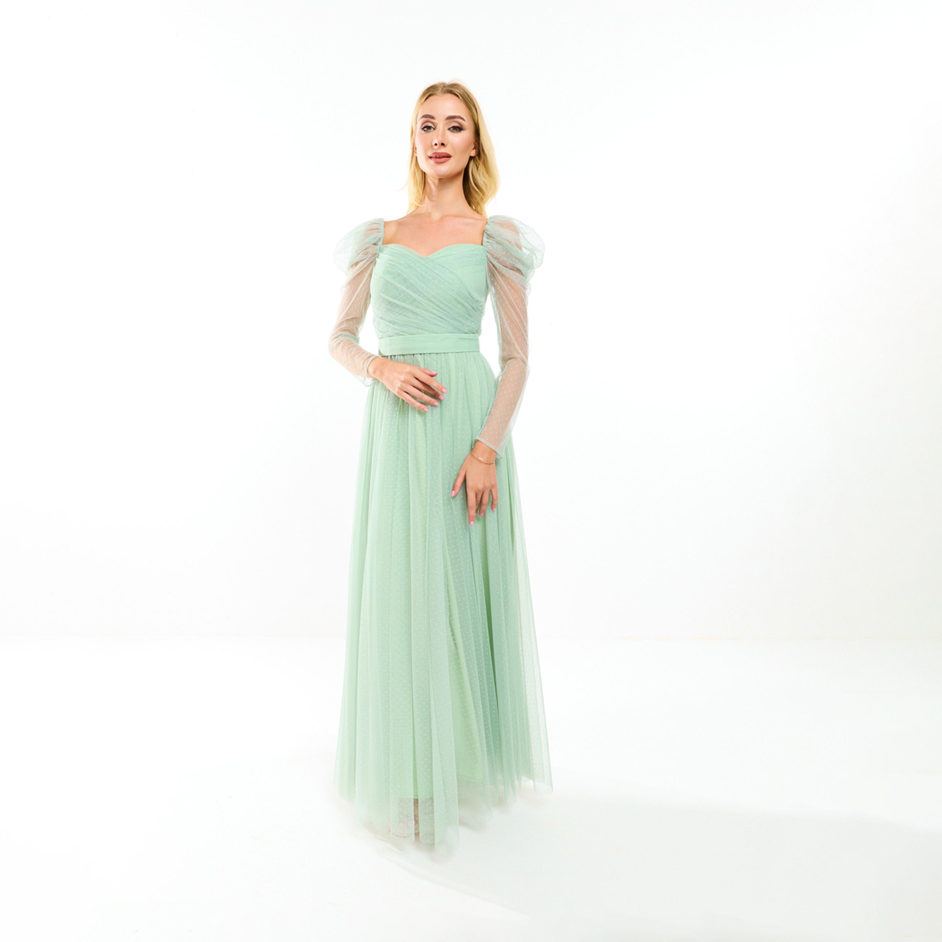 هاوس أوف مودا ستايلي - فستان ماكسي بتصميم شبكي بأكمام منفوخة مع حزام خصر-women-clothing-dresses-image-1
