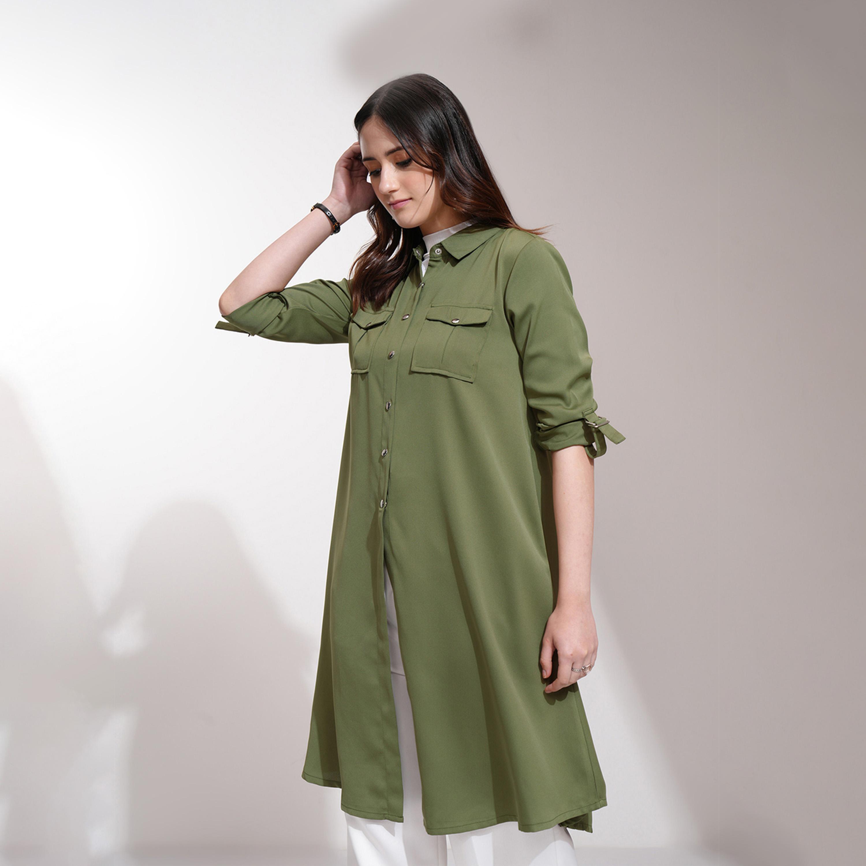 طوكيو توكيز - جاكيت سادة طويل بأزرار مع تفاصيل جيوب-women-clothing-shirtsandblouses-shirts-image-1