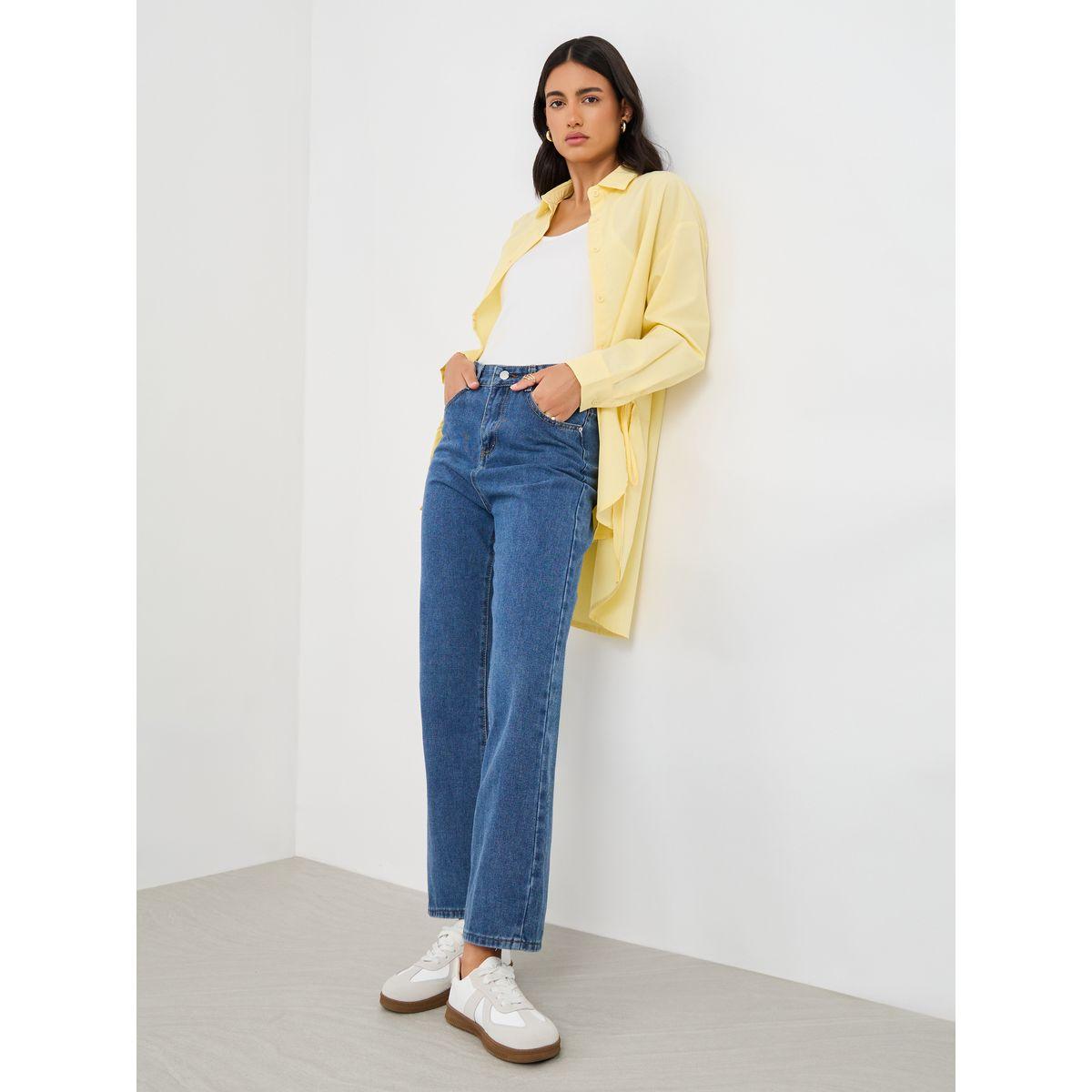 جينز سادة بقصة مستقيمة وخصر عالي-women-clothing-bottoms-jeans-image-1