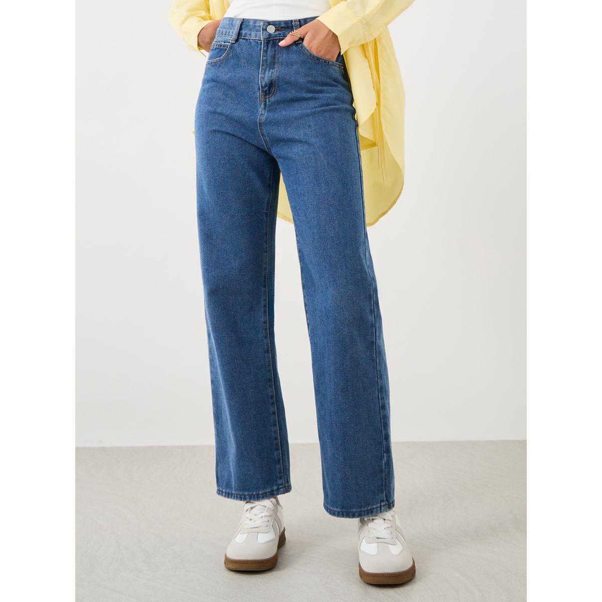 جينز سادة بقصة مستقيمة وخصر عالي-women-clothing-bottoms-jeans-image-2