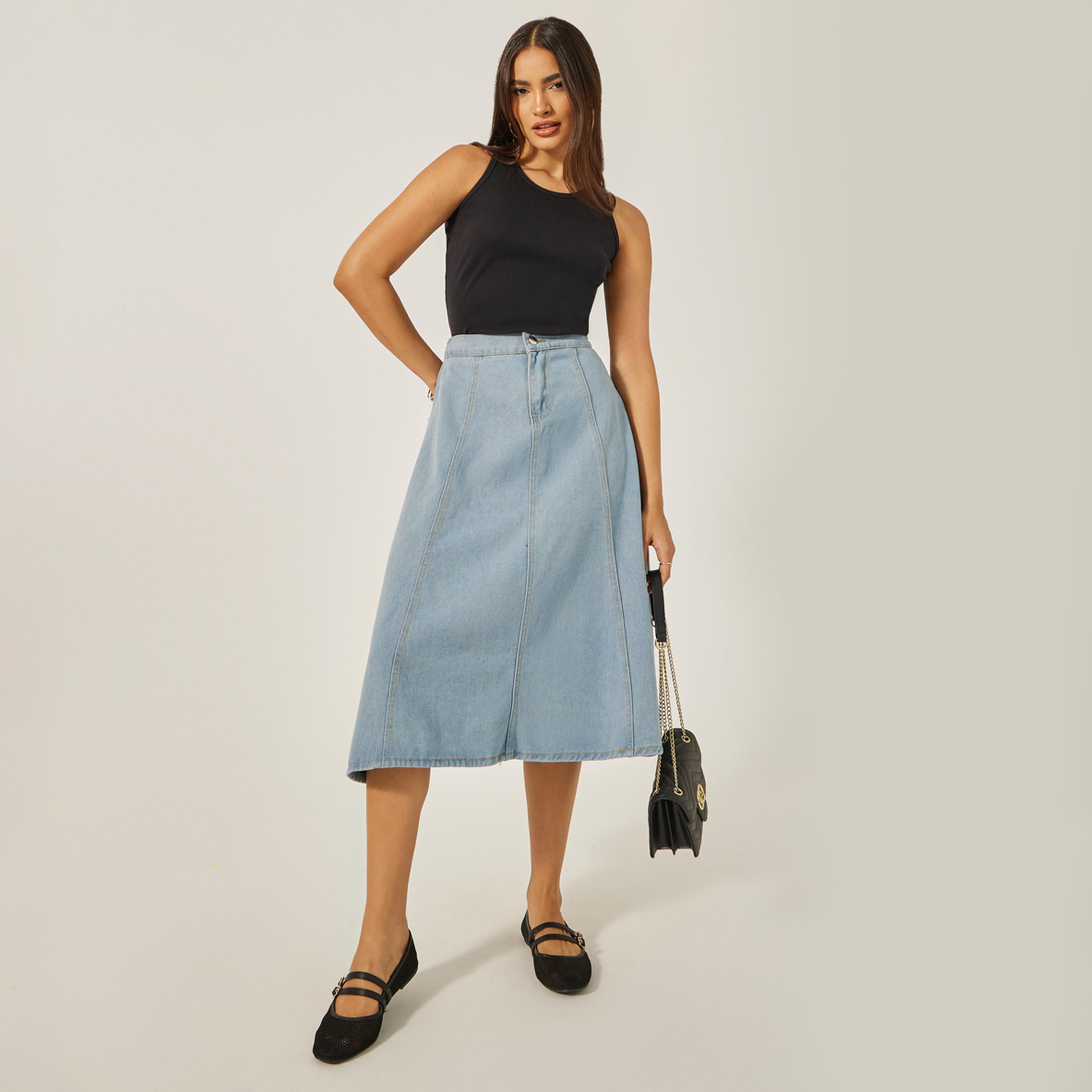 ستايلي - تنورة جينز متوسطة الطول بقصة A-women-clothing-bottoms-skirts-image-1