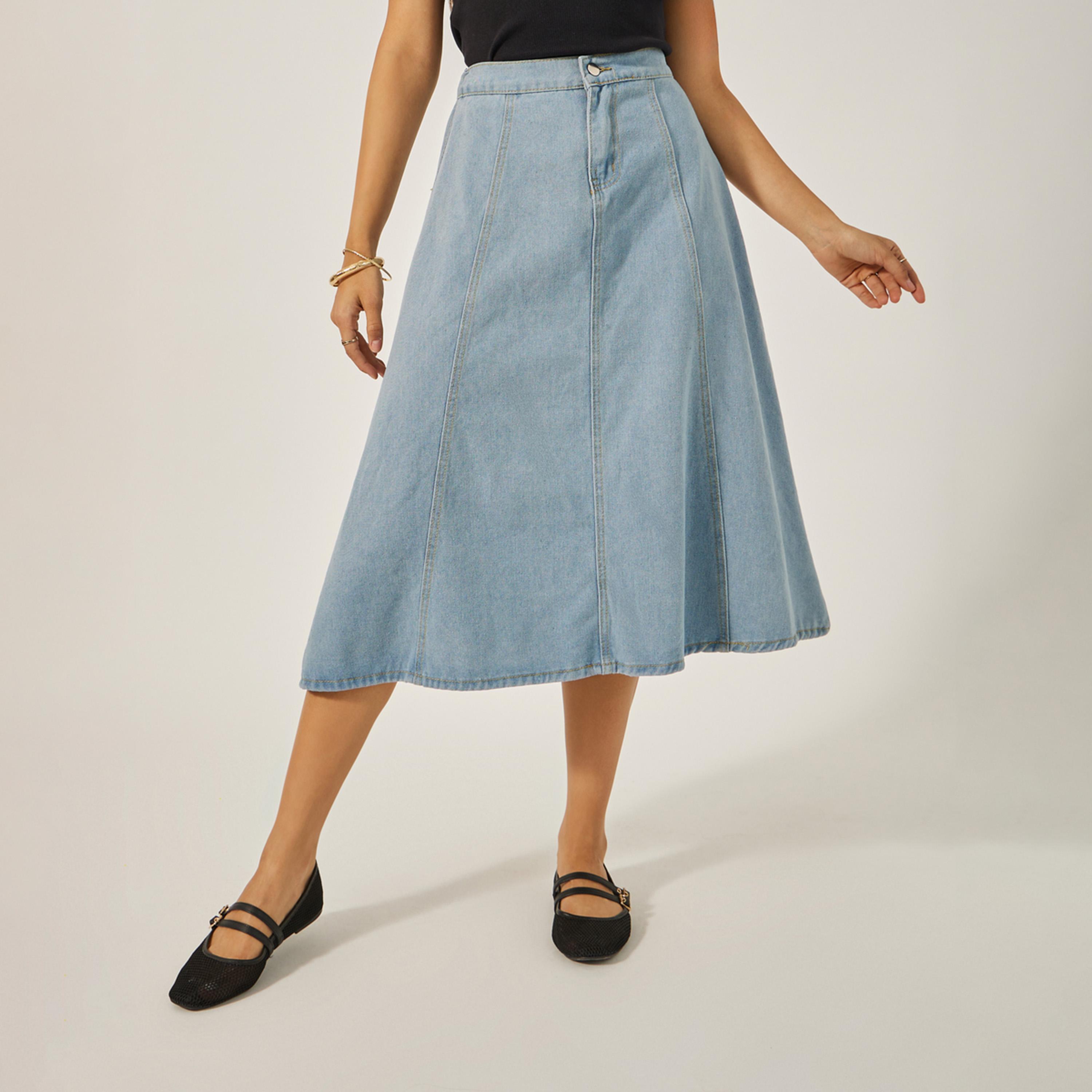 ستايلي - تنورة جينز متوسطة الطول بقصة A-women-clothing-bottoms-skirts-image-2