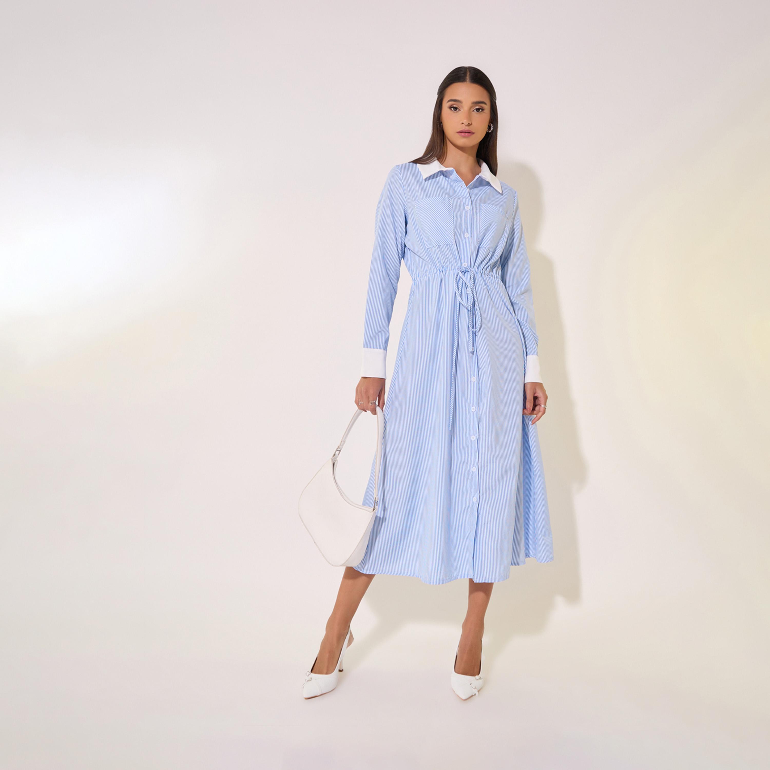 Take Two Striped Waist Tie Detail Shirt Midi Dress-women-clothing-dresses-image-1