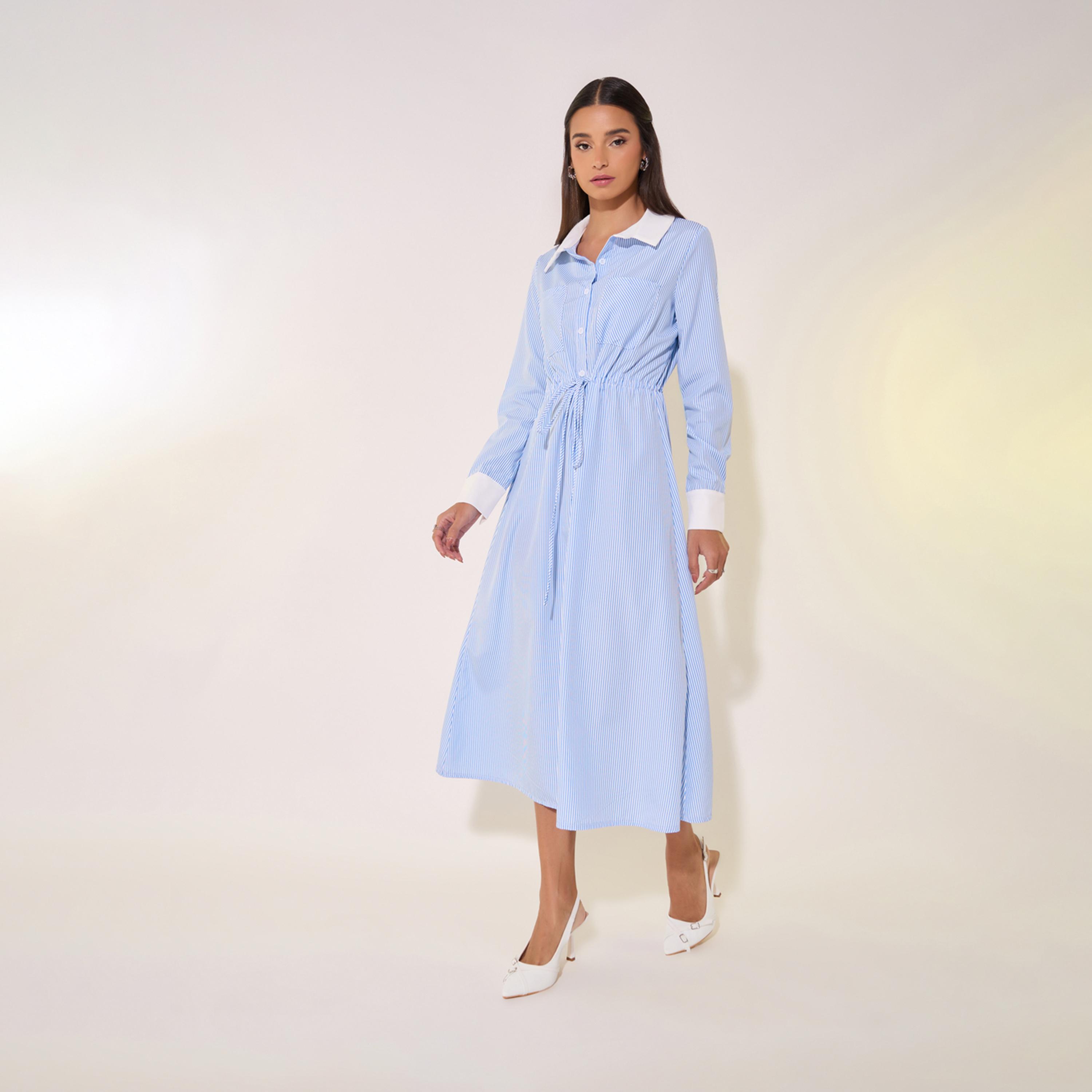 Take Two Striped Waist Tie Detail Shirt Midi Dress-women-clothing-dresses-image-2