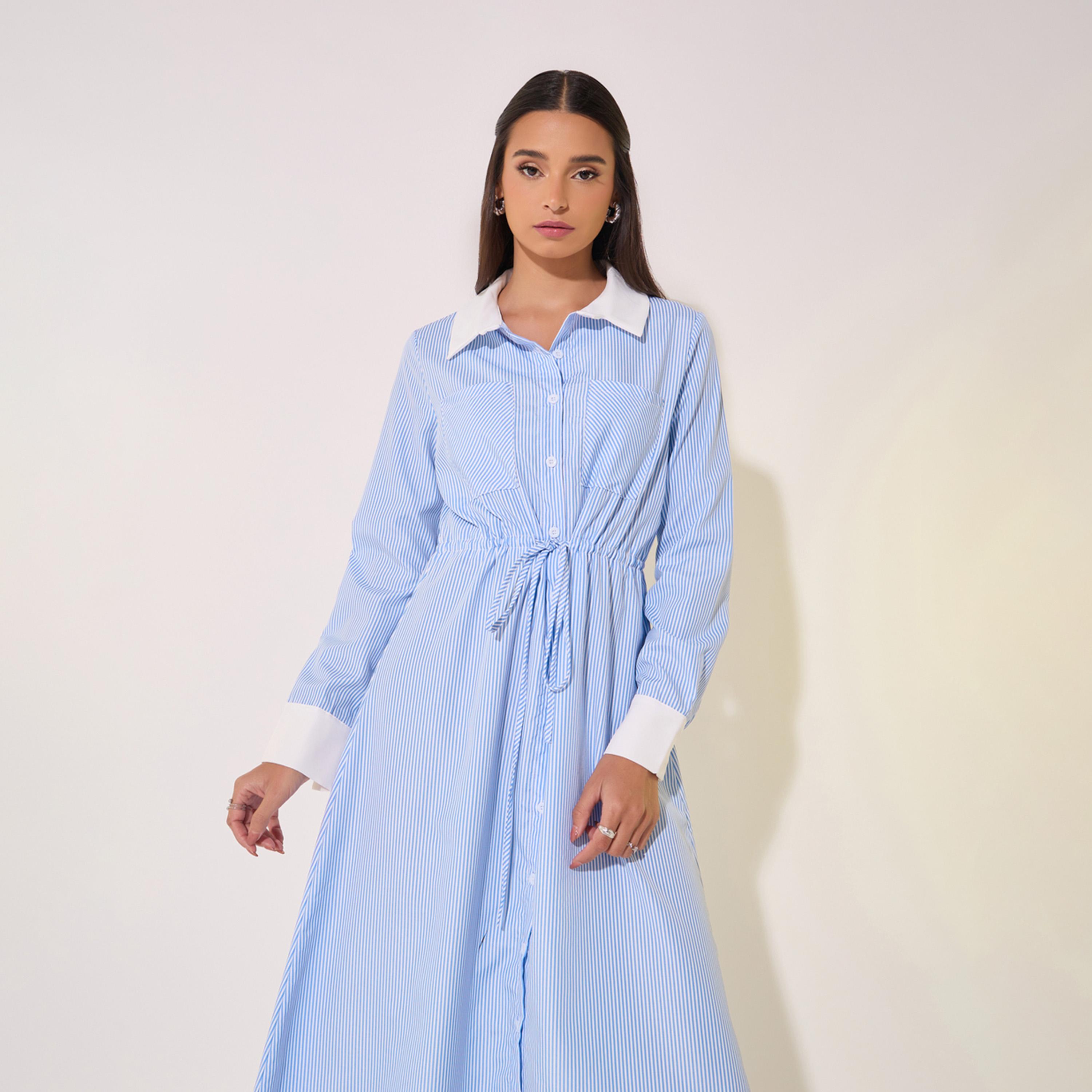 Take Two Striped Waist Tie Detail Shirt Midi Dress-women-clothing-dresses-image-3