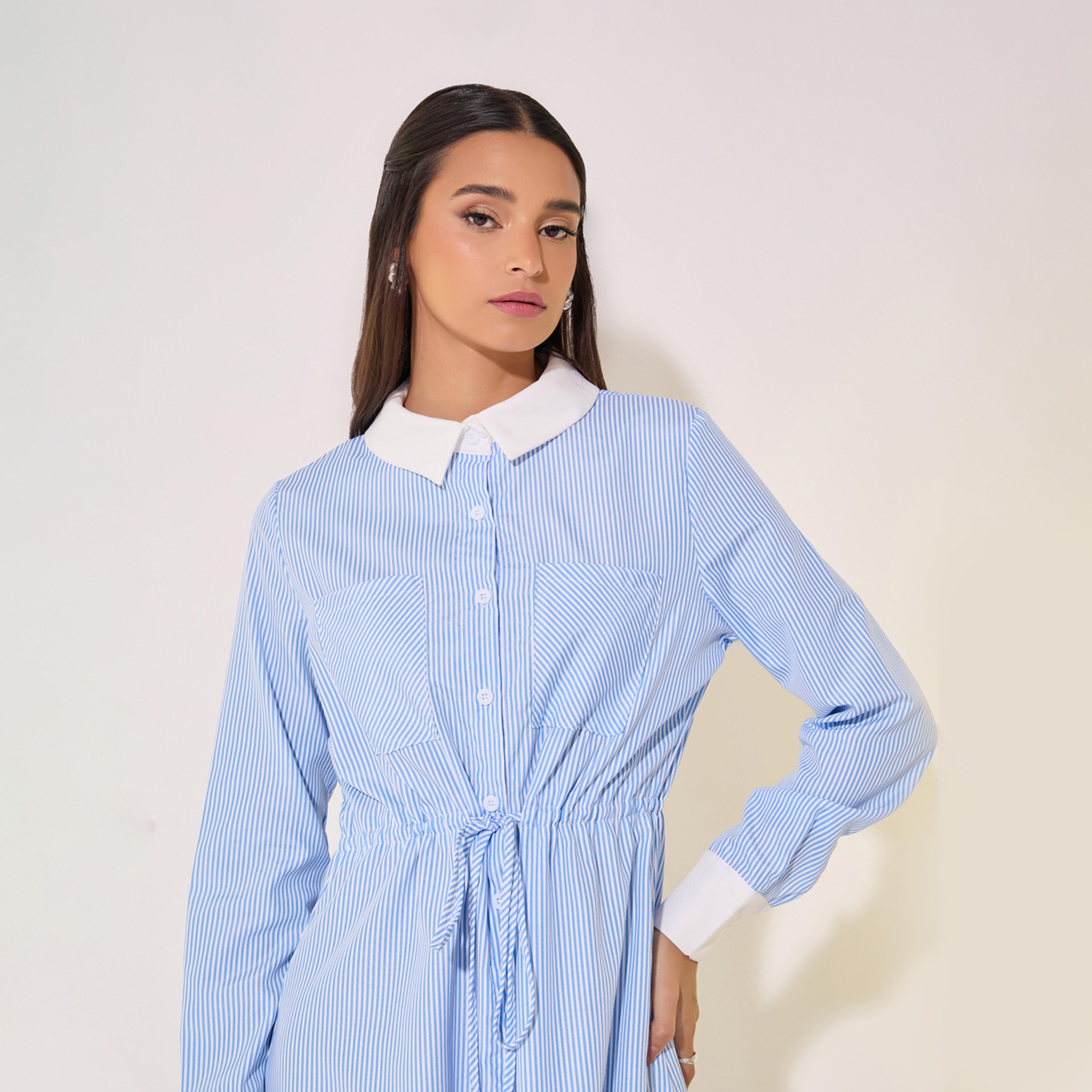 فستان ميدي مخطط بنمط قميص-women-clothing-dresses-image-4