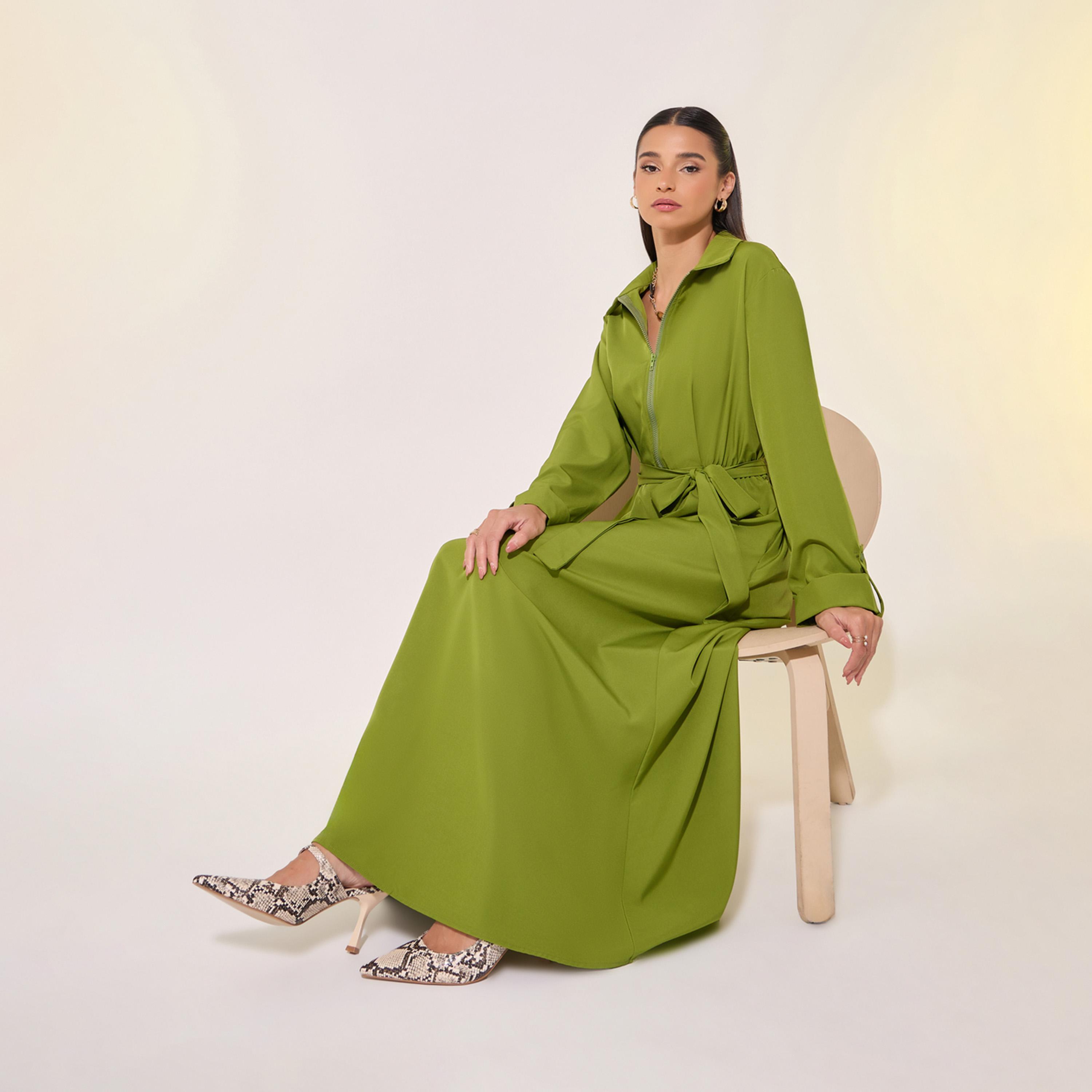 Take Two Solid Front Half Zipper Maxi Dress with Waist Tie Detail-women-clothing-dresses-image-1