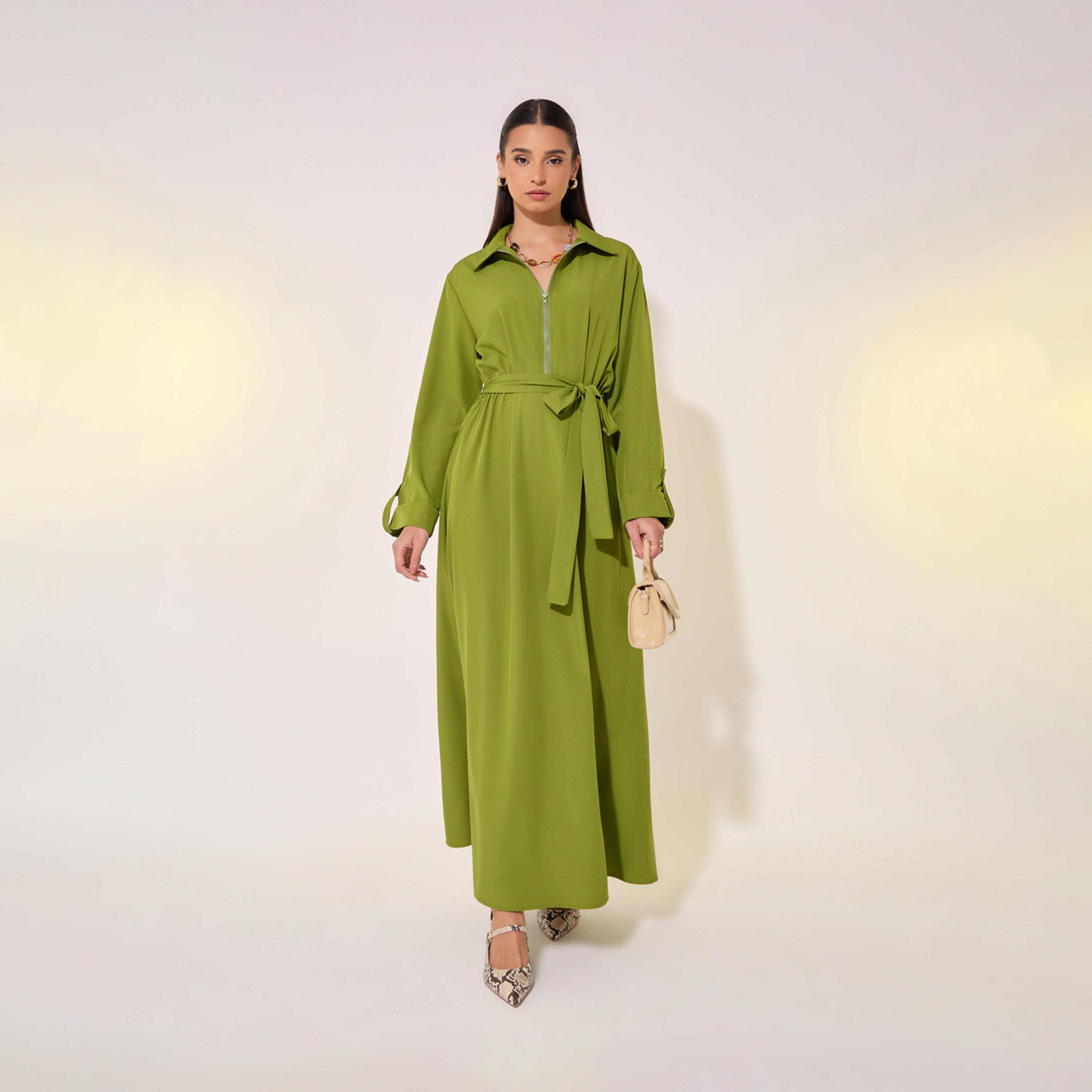 Take Two Solid Front Half Zipper Maxi Dress with Waist Tie Detail-women-clothing-dresses-image-2