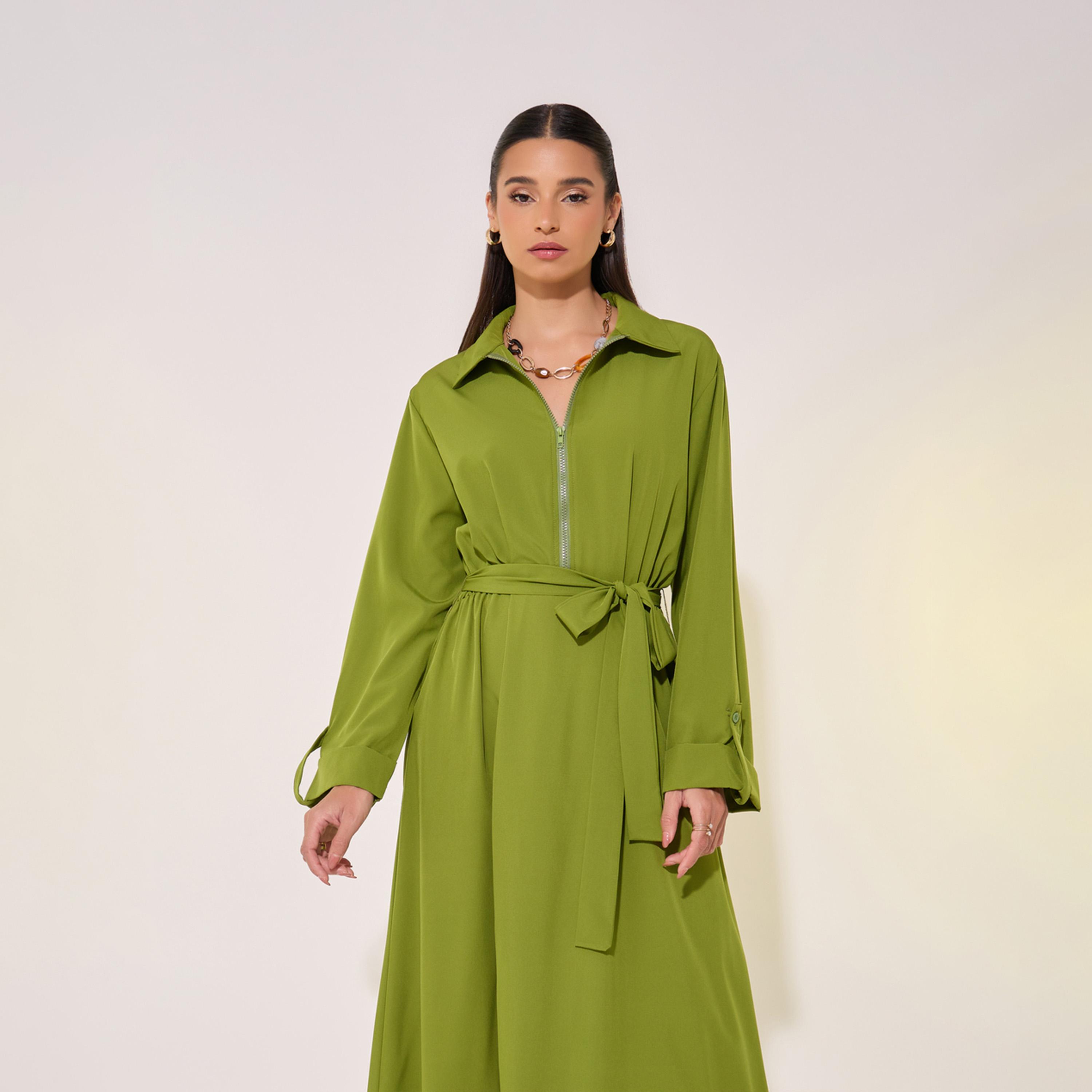 Take Two Solid Front Half Zipper Maxi Dress with Waist Tie Detail-women-clothing-dresses-image-3