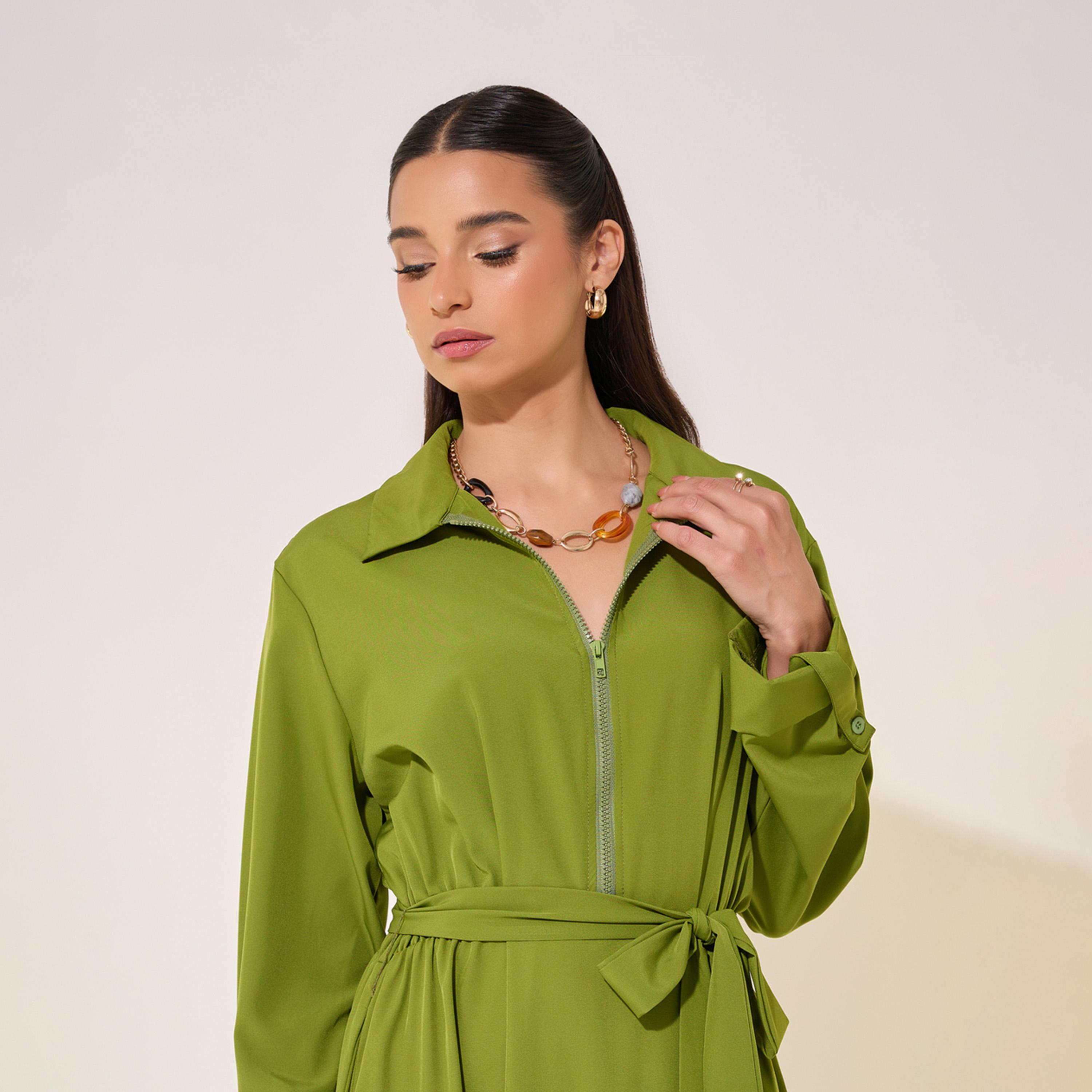 Take Two Solid Front Half Zipper Maxi Dress with Waist Tie Detail-women-clothing-dresses-image-4