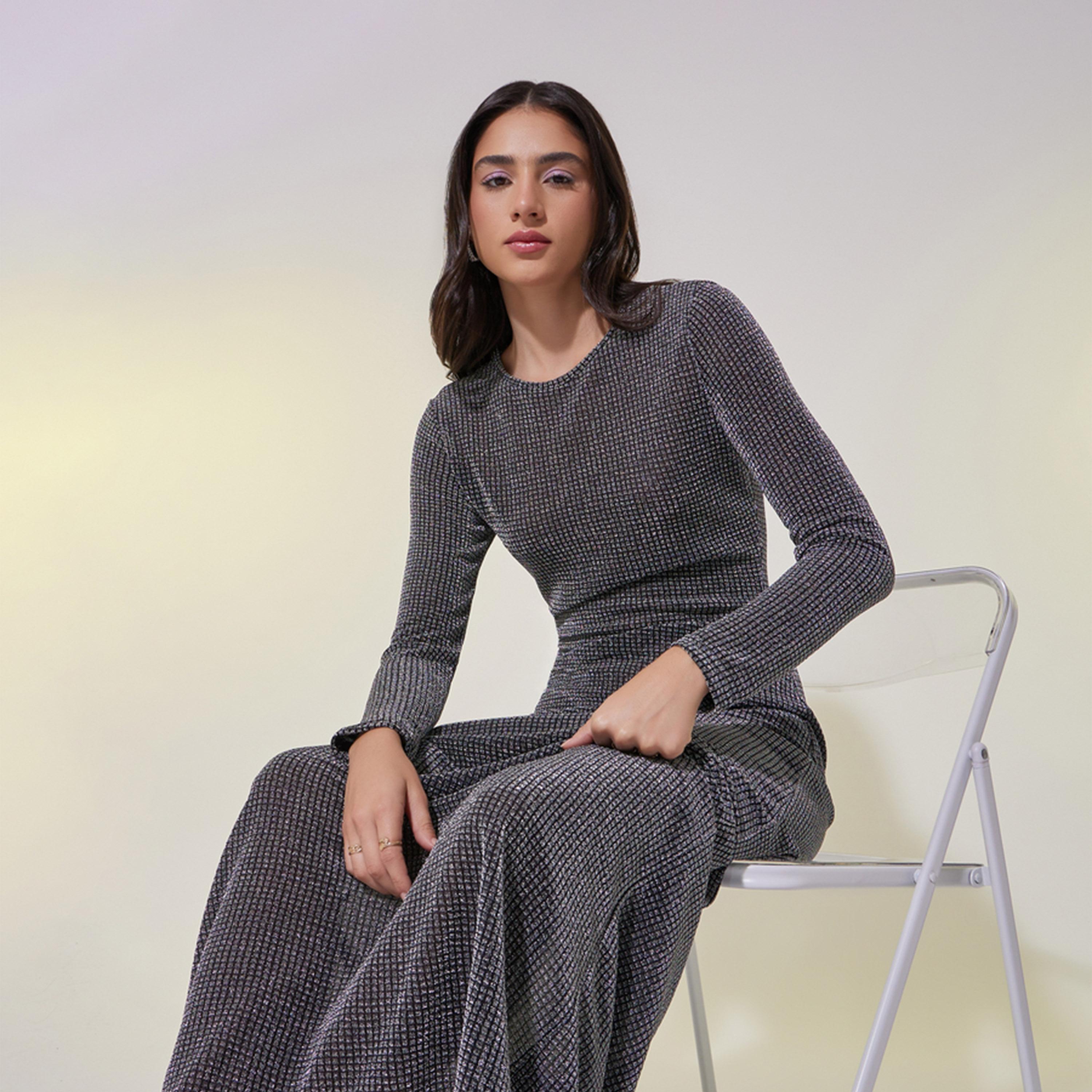 Take Two Metallic Texture Round Neck A-Line Maxi Dress-women-clothing-dresses-image-1