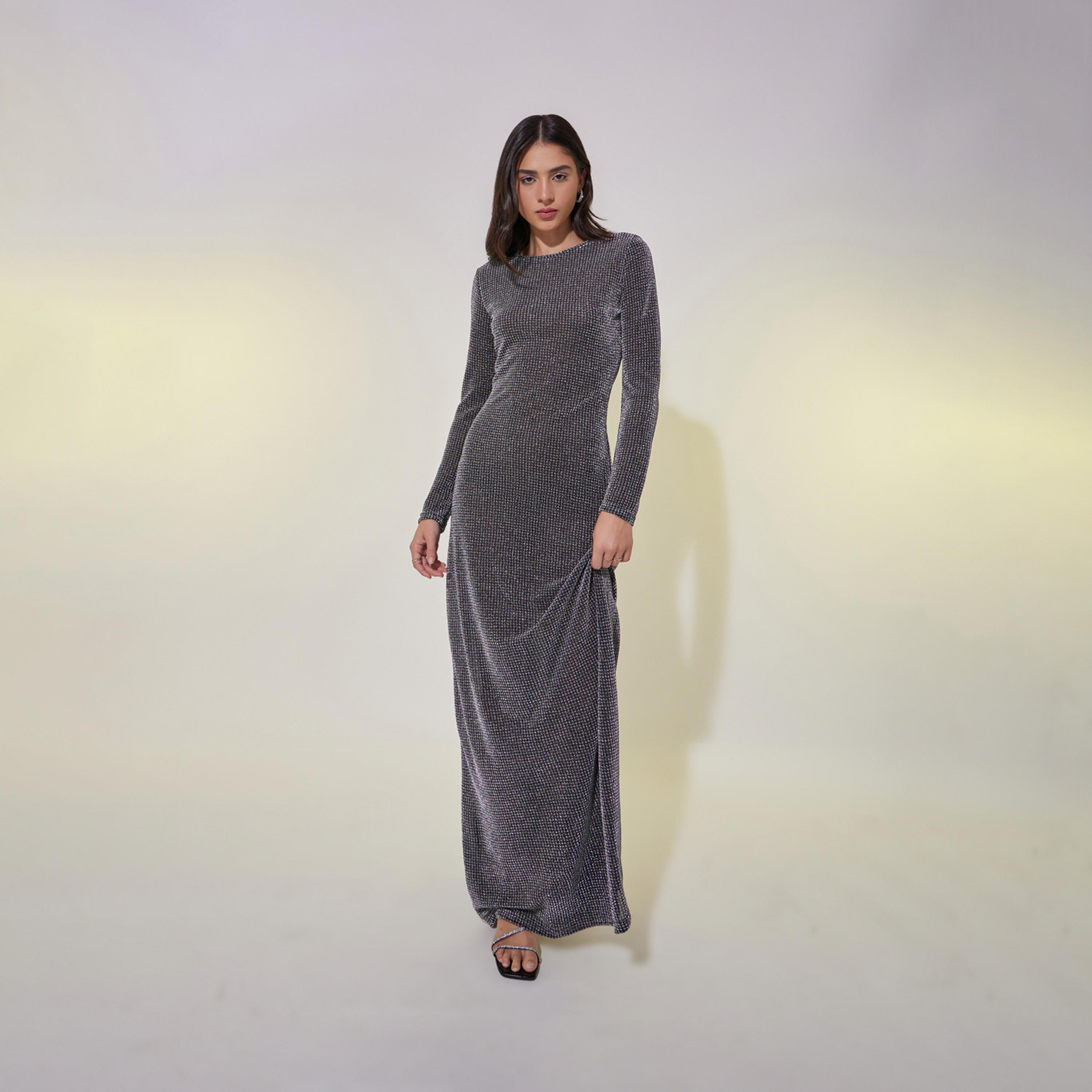 Take Two Metallic Texture Round Neck A-Line Maxi Dress-women-clothing-dresses-image-2