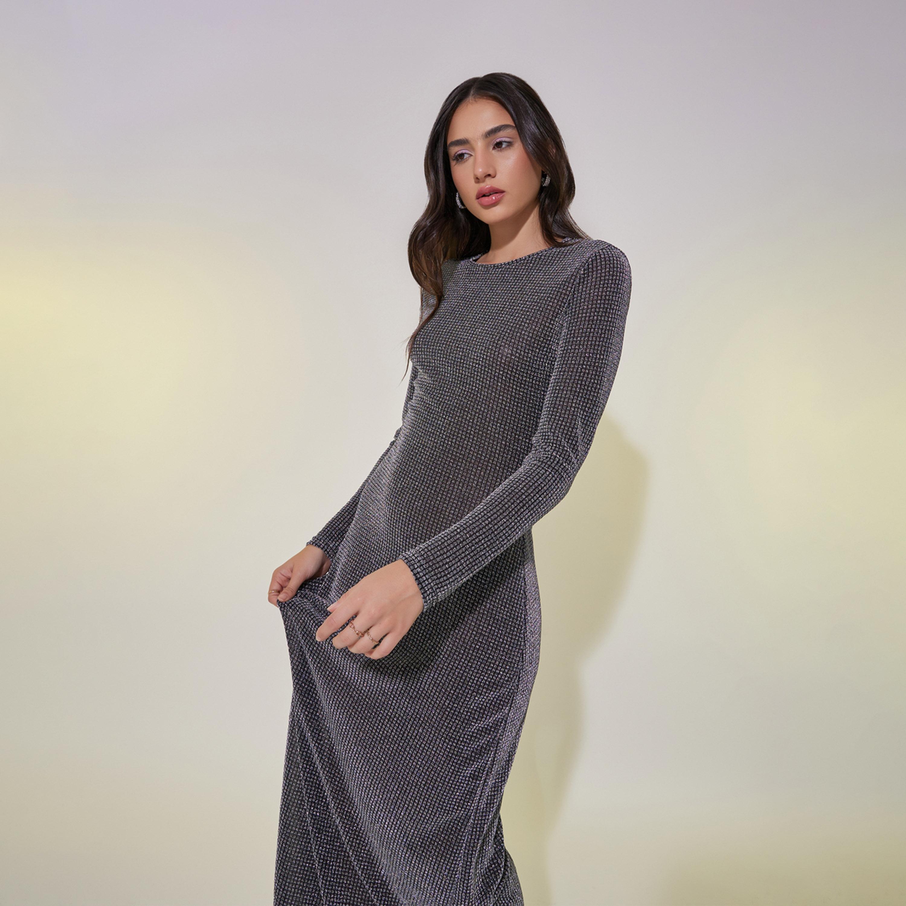 Take Two Metallic Texture Round Neck A-Line Maxi Dress-women-clothing-dresses-image-4