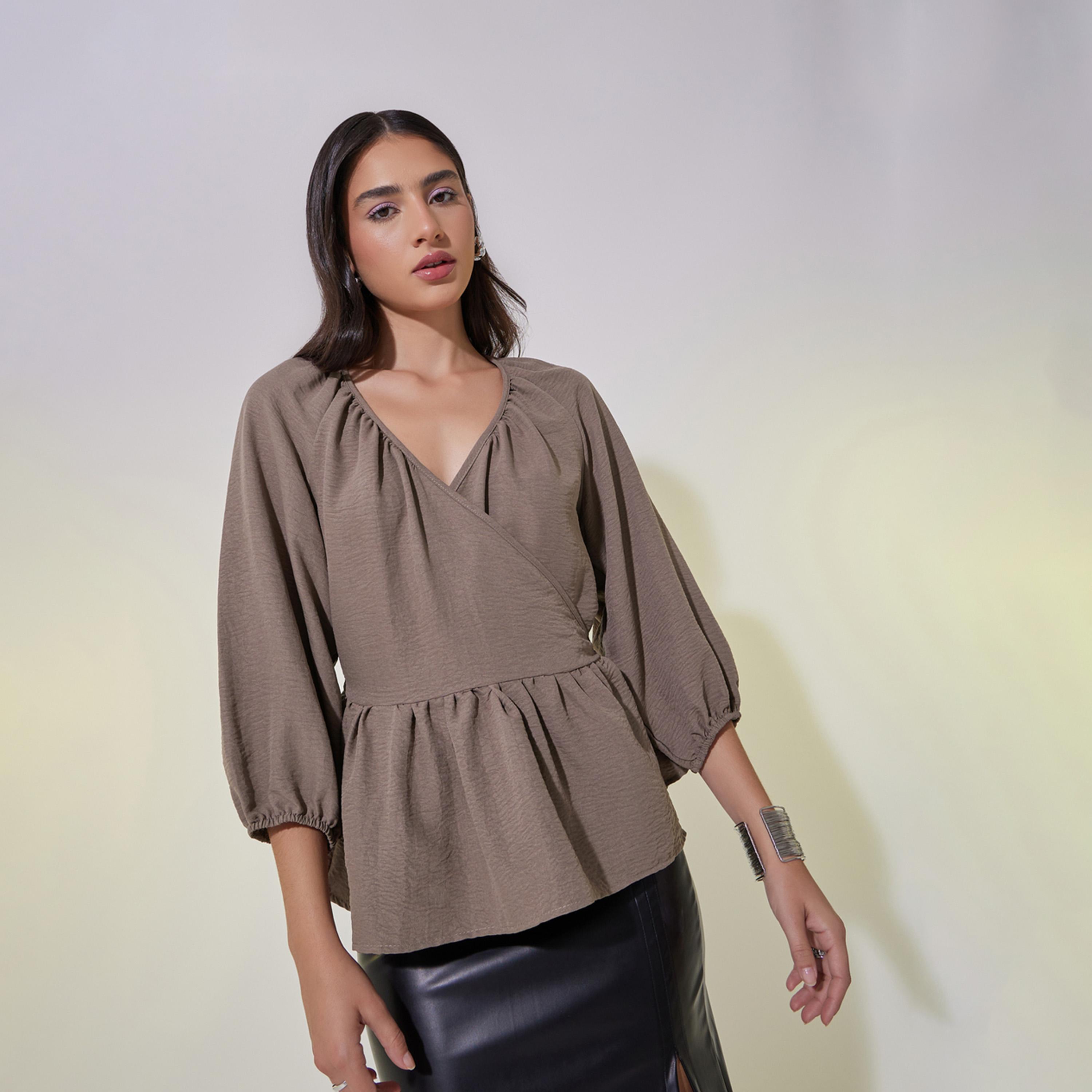 Take Two Solid Balloon Sleeves Ruffled Hem Wrap Top-women-clothing-shirtsandblouses-blouses-image-1