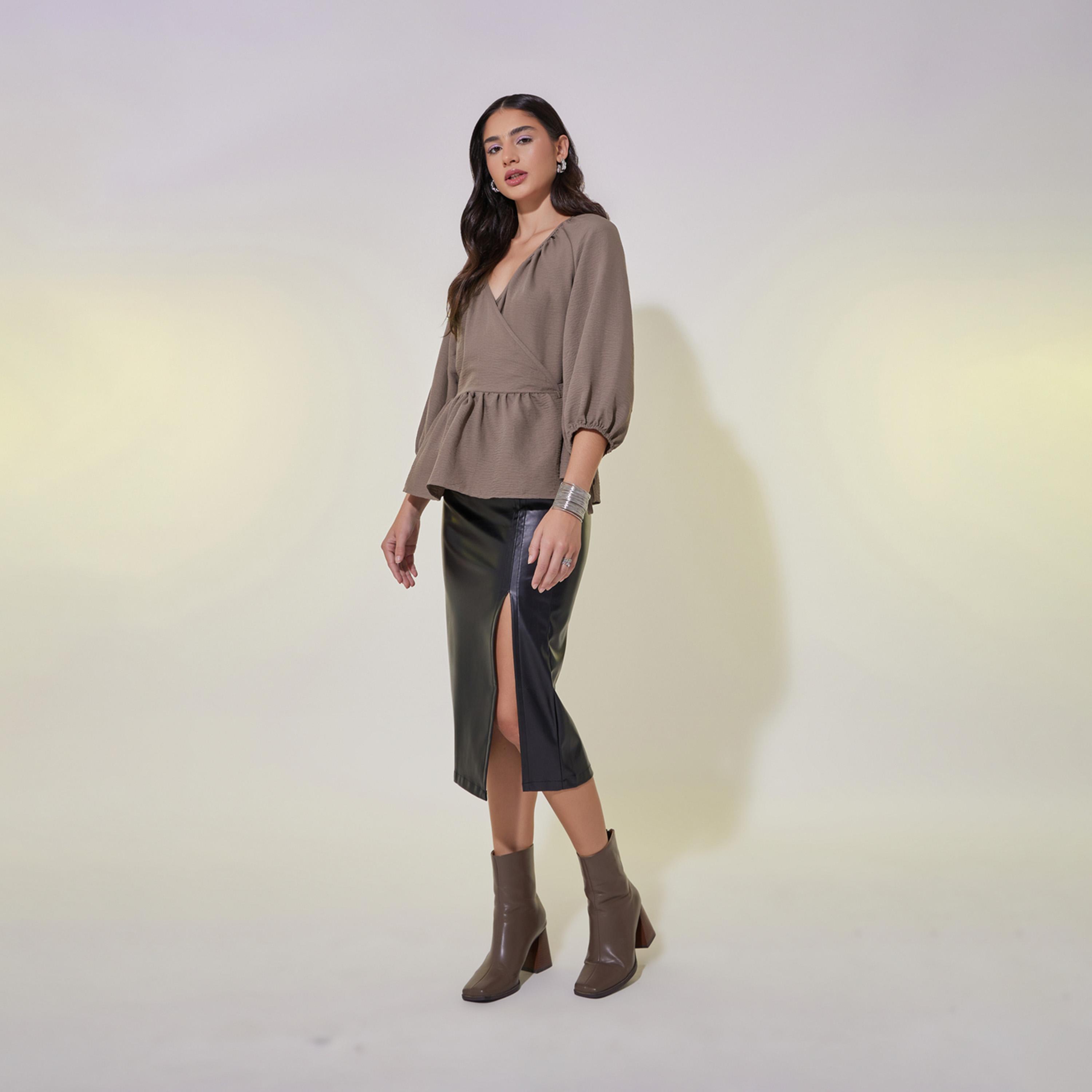 Take Two Solid Balloon Sleeves Ruffled Hem Wrap Top-women-clothing-shirtsandblouses-blouses-image-2