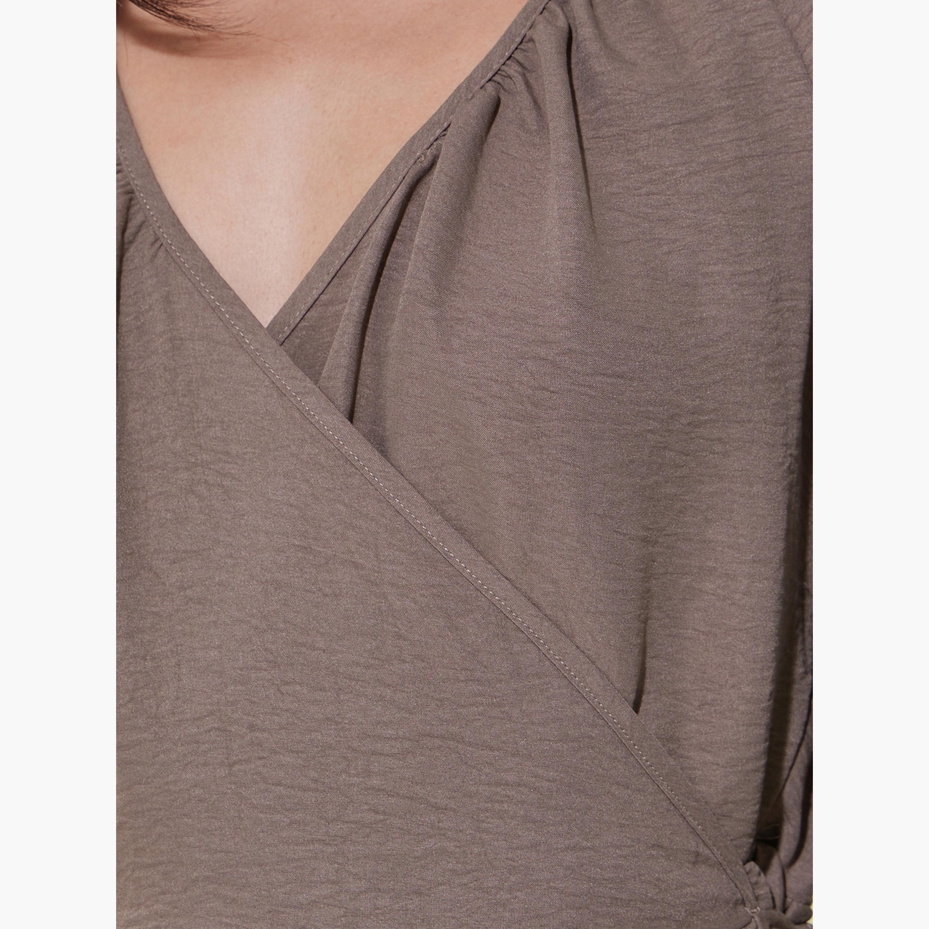 Take Two Solid Balloon Sleeves Ruffled Hem Wrap Top-women-clothing-shirtsandblouses-blouses-image-3