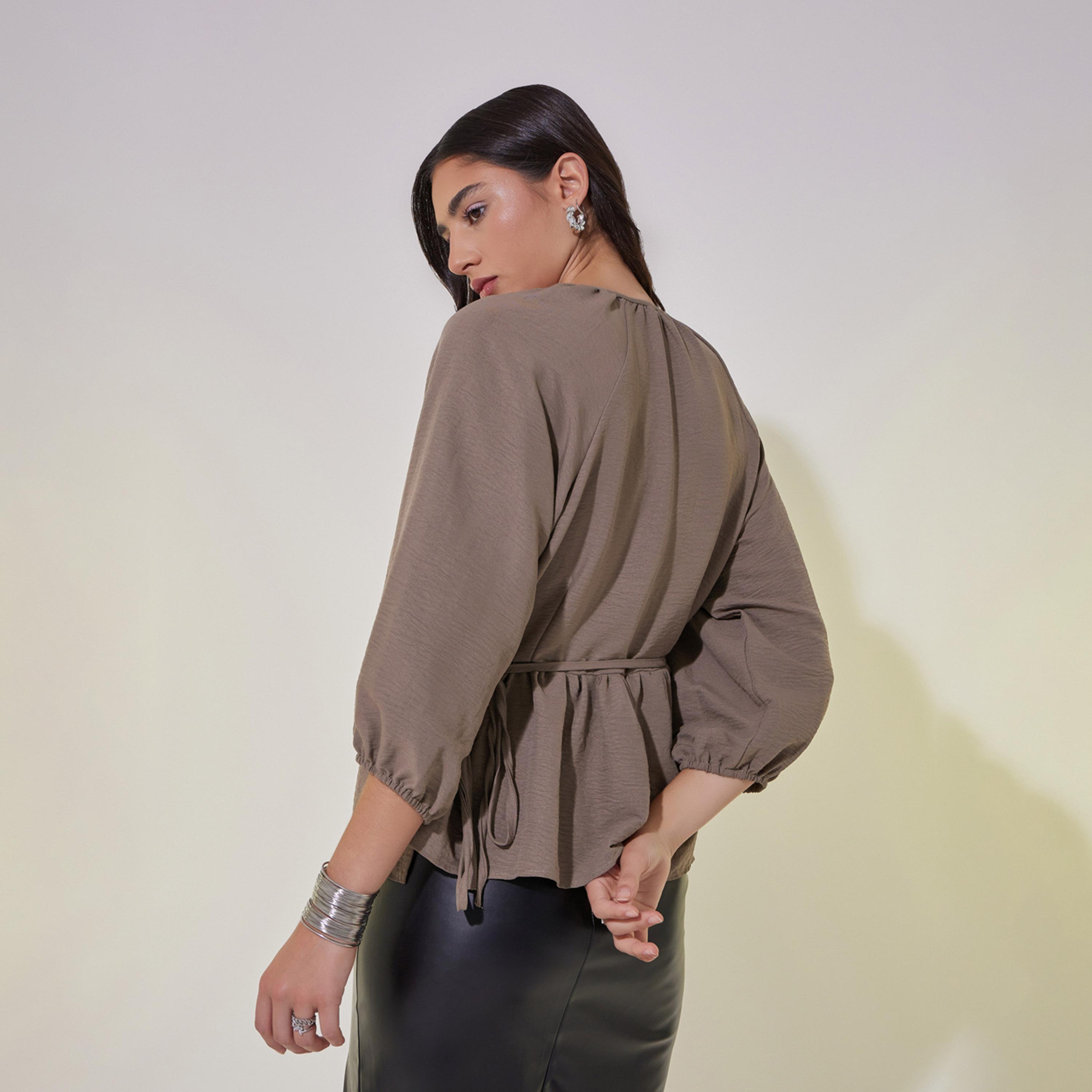 Take Two Solid Balloon Sleeves Ruffled Hem Wrap Top-women-clothing-shirtsandblouses-blouses-image-4