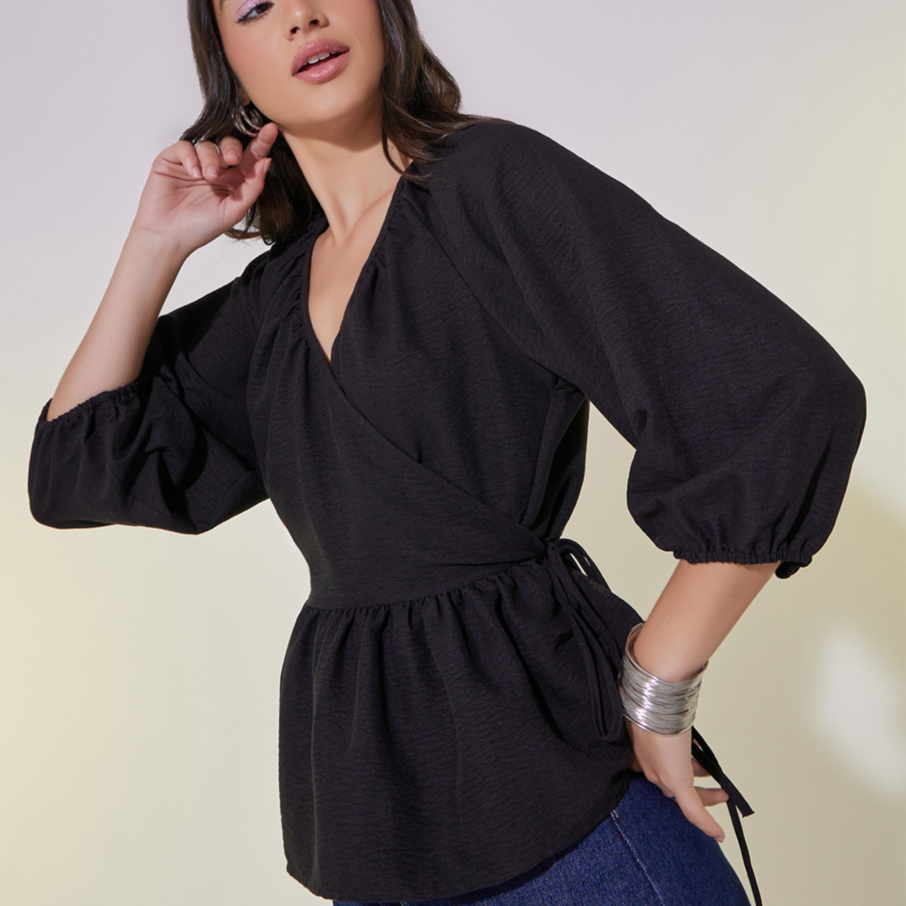 Take Two Solid Balloon Sleeves Ruffled Hem Wrap Top-women-clothing-shirtsandblouses-blouses-image-1