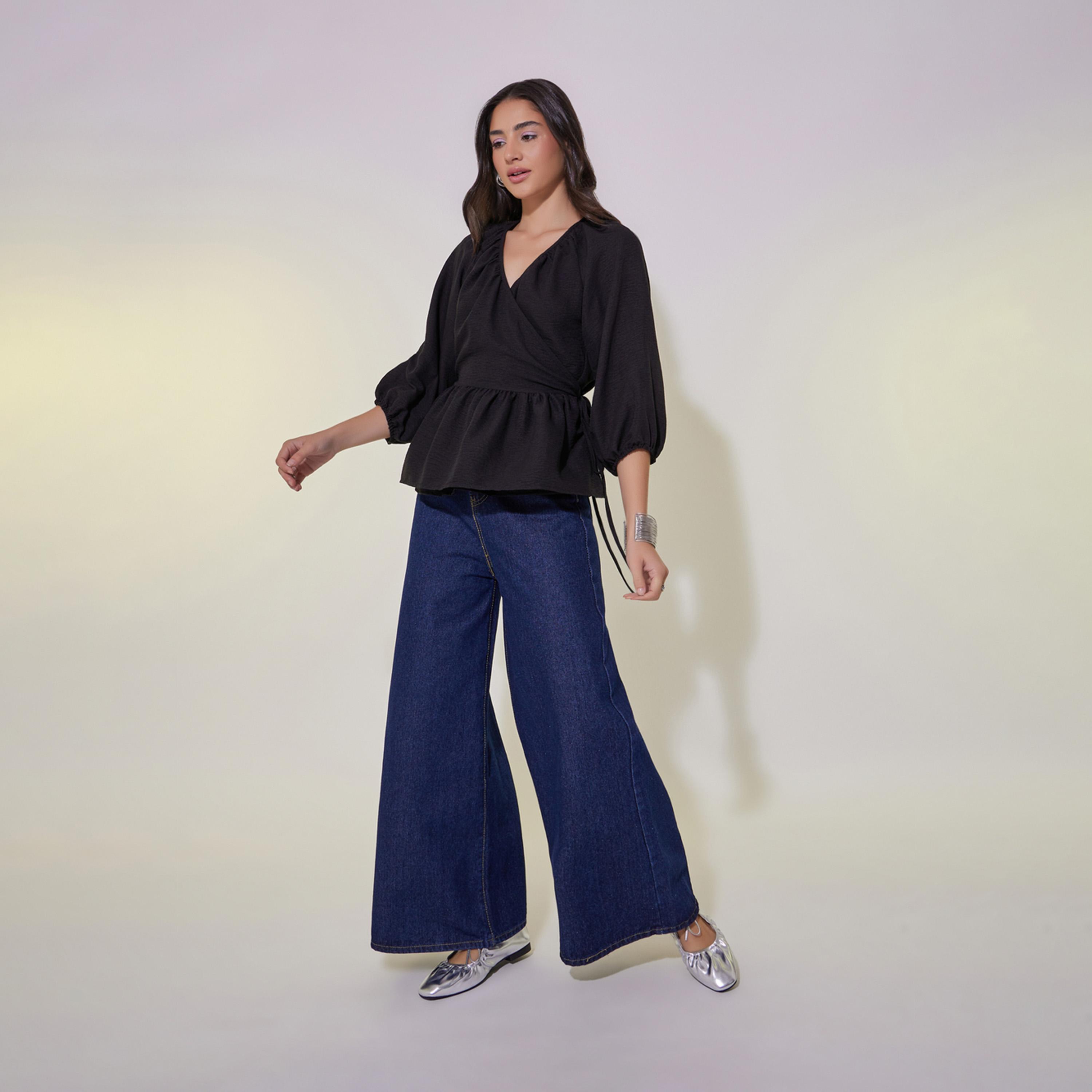 Take Two Solid Balloon Sleeves Ruffled Hem Wrap Top-women-clothing-shirtsandblouses-blouses-image-2