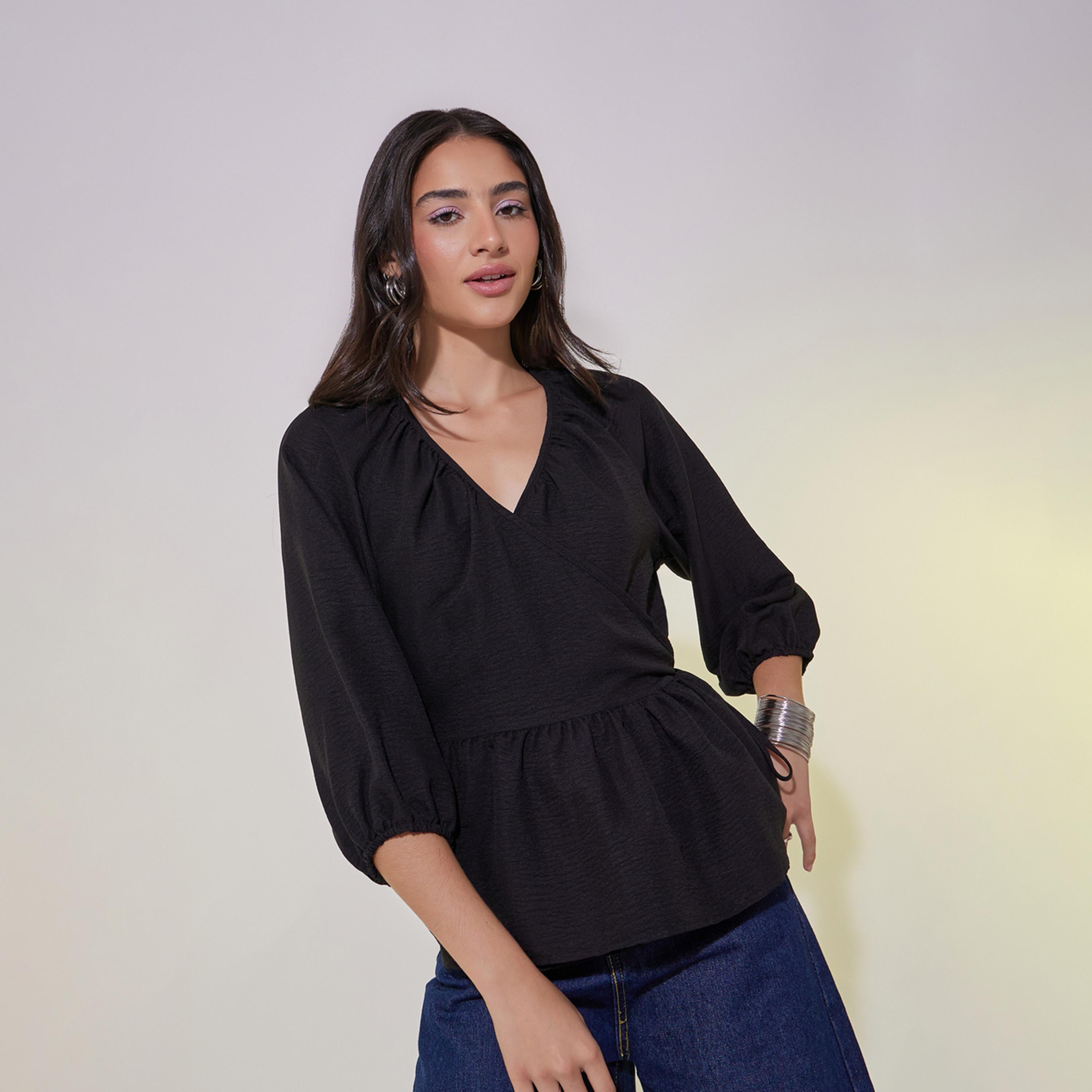 Take Two Solid Balloon Sleeves Ruffled Hem Wrap Top-women-clothing-shirtsandblouses-blouses-image-3