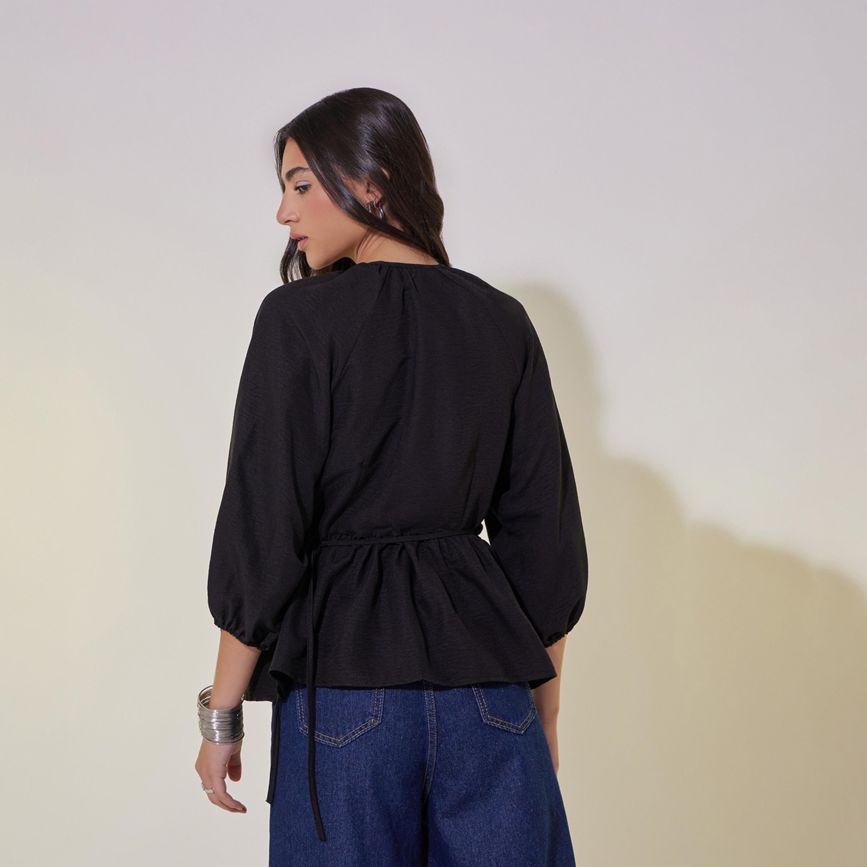 Take Two Solid Balloon Sleeves Ruffled Hem Wrap Top-women-clothing-shirtsandblouses-blouses-image-5