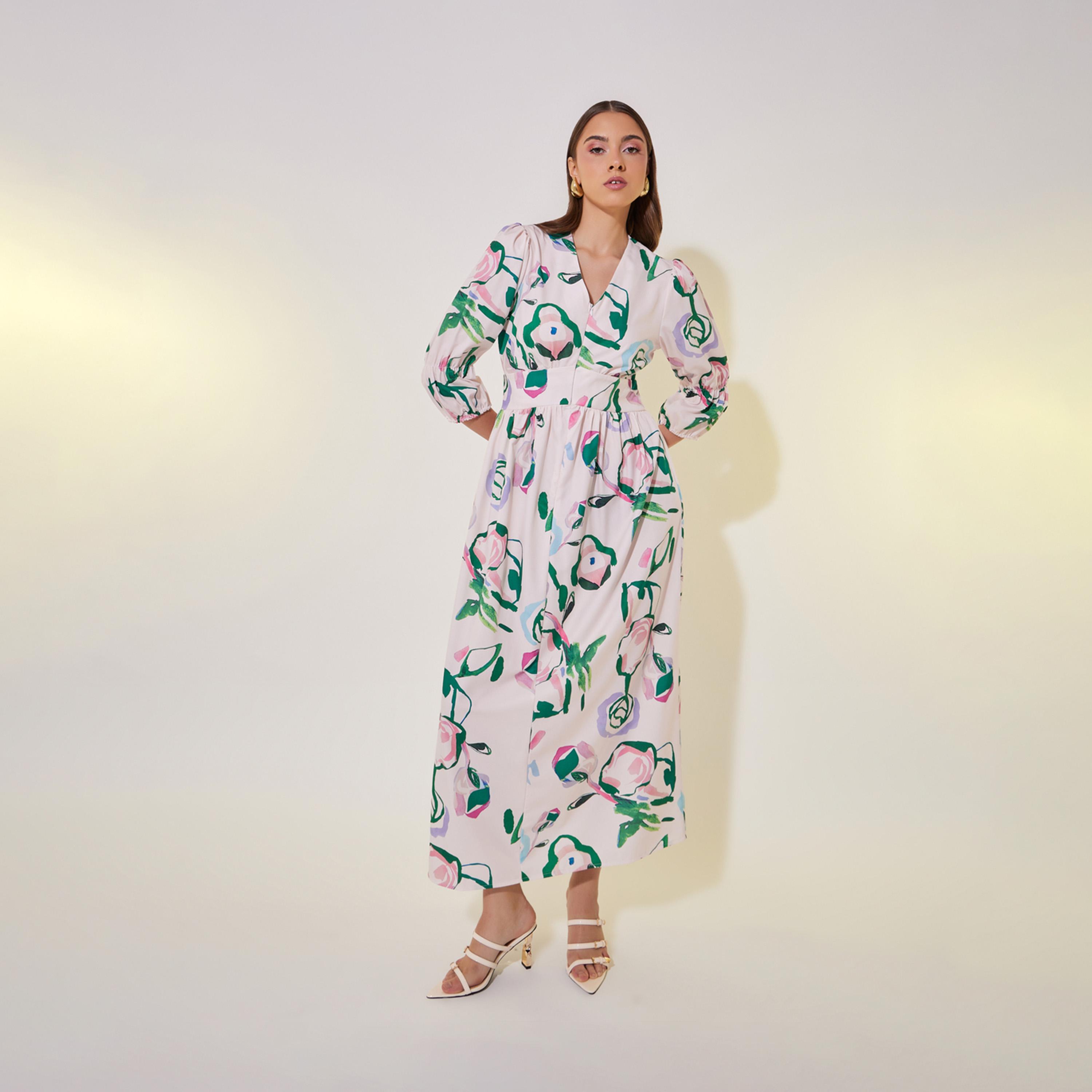 فستان مطبع بزهور وأكمام 3/4-women-clothing-dresses-image-3