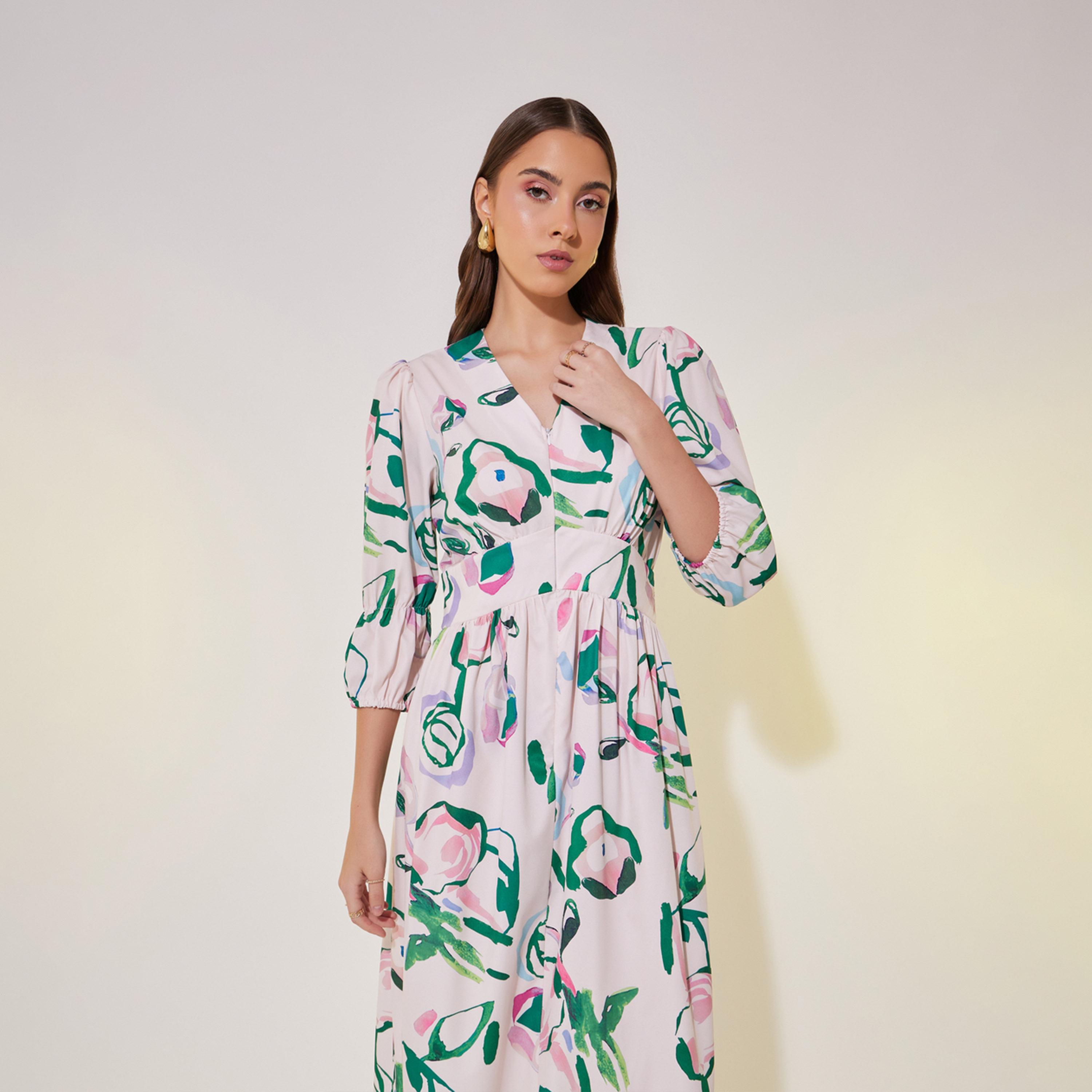 فستان مطبع بزهور وأكمام 3/4-women-clothing-dresses-image-4