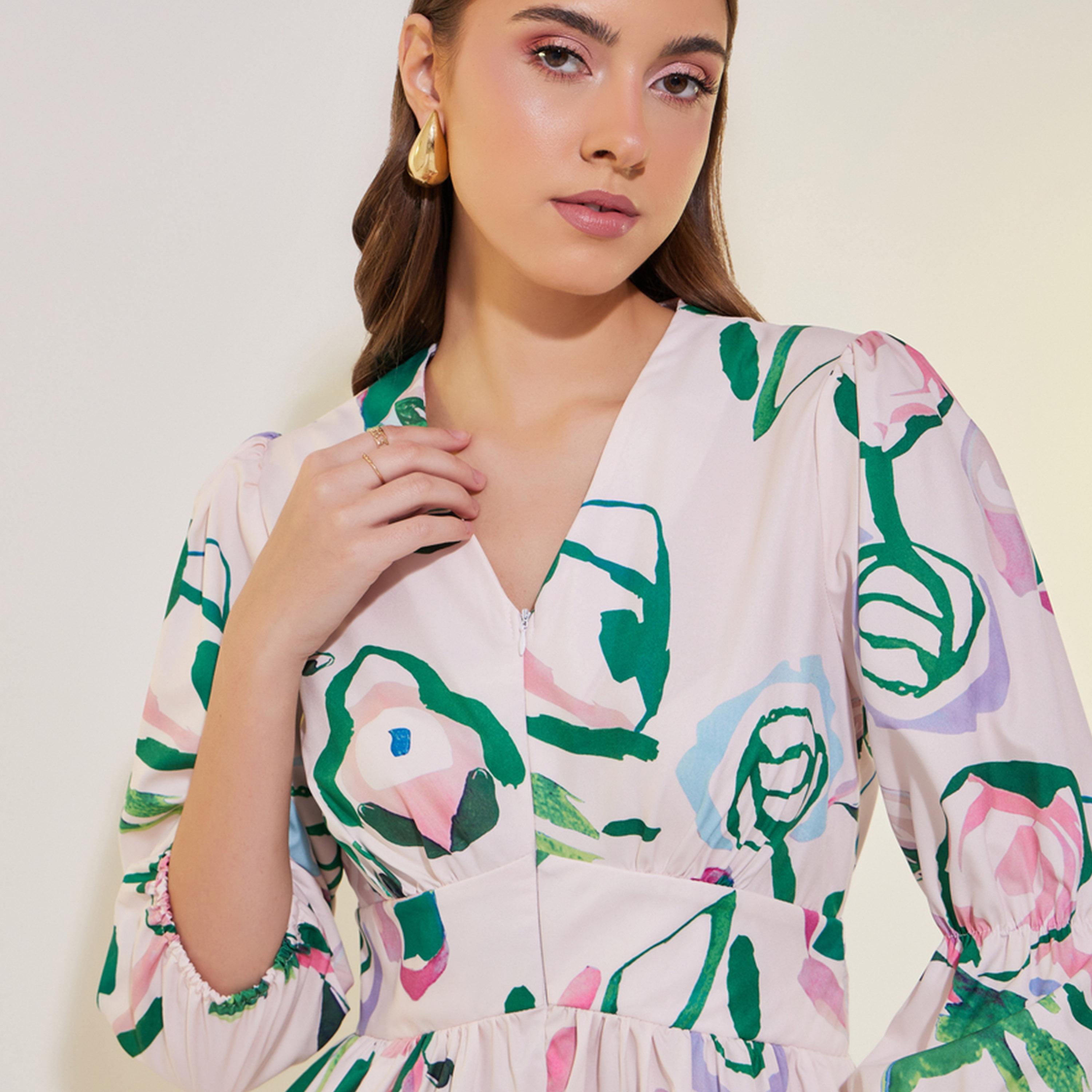 فستان مطبع بزهور وأكمام 3/4-women-clothing-dresses-image-5
