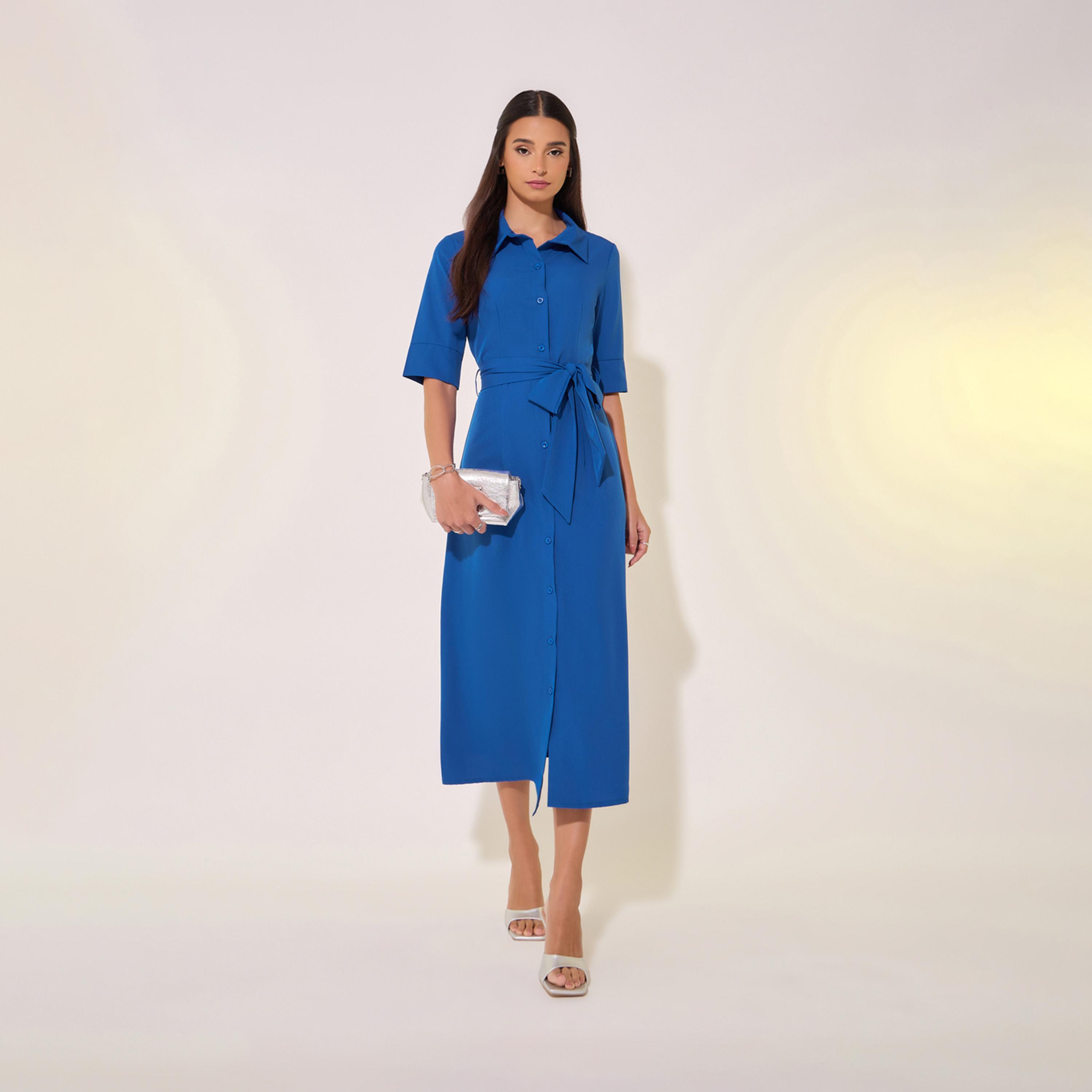 Take Two Solid Collared Shirt Midi Dress with Waist Tie Detail-women-clothing-dresses-image-1