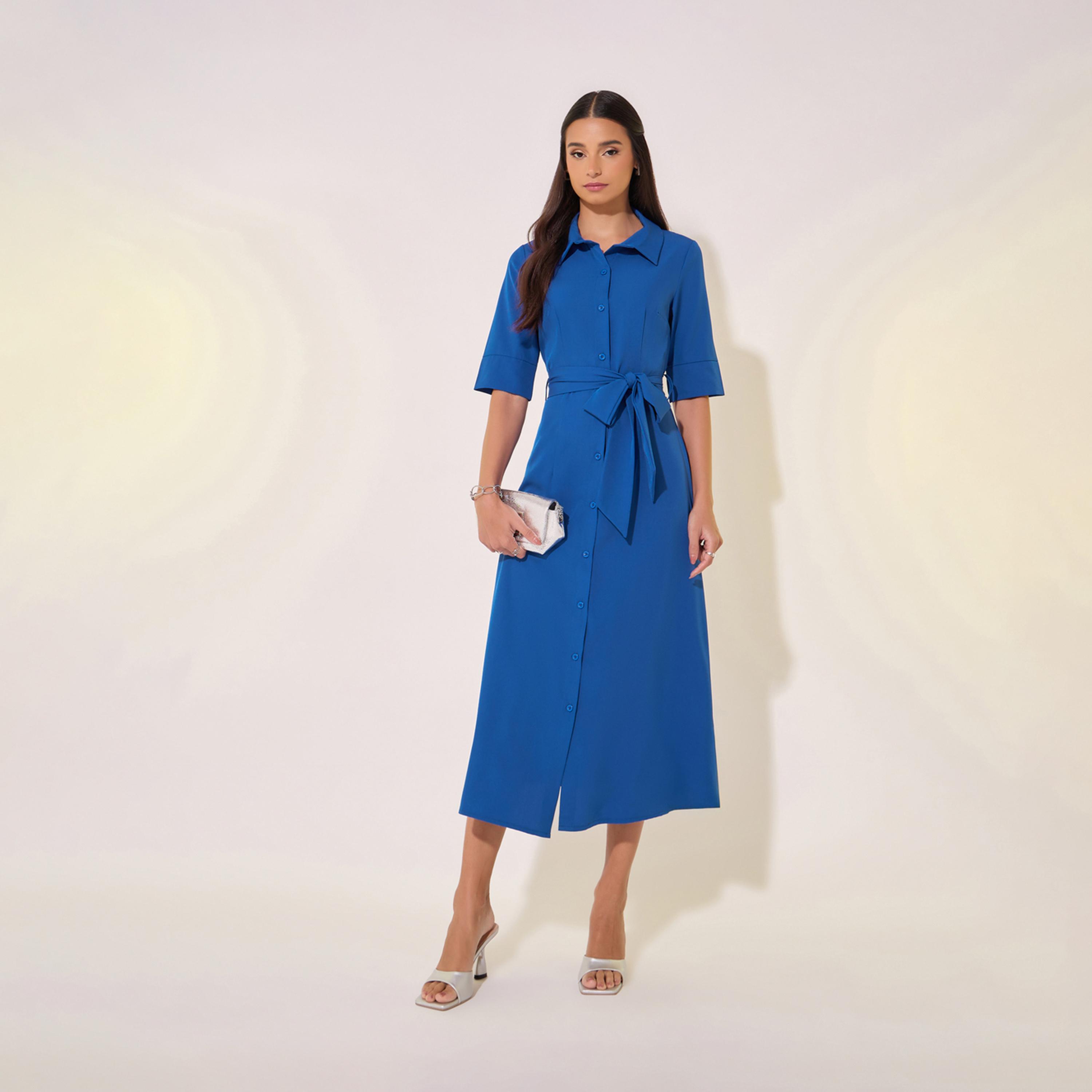 Take Two Solid Collared Shirt Midi Dress with Waist Tie Detail-women-clothing-dresses-image-2