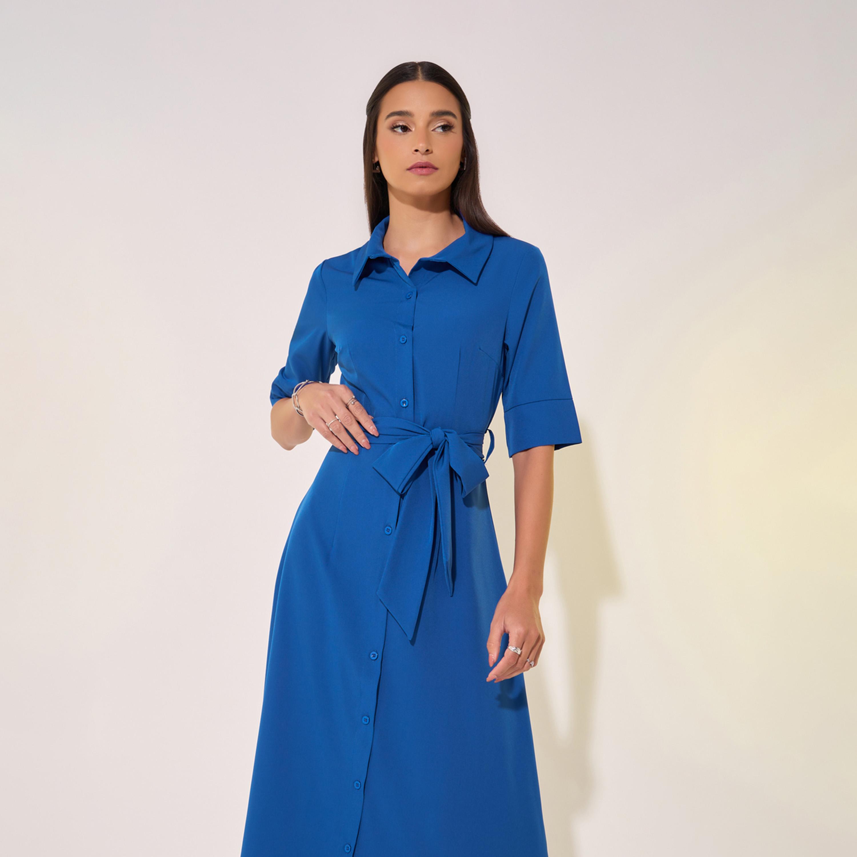 Take Two Solid Collared Shirt Midi Dress with Waist Tie Detail-women-clothing-dresses-image-3